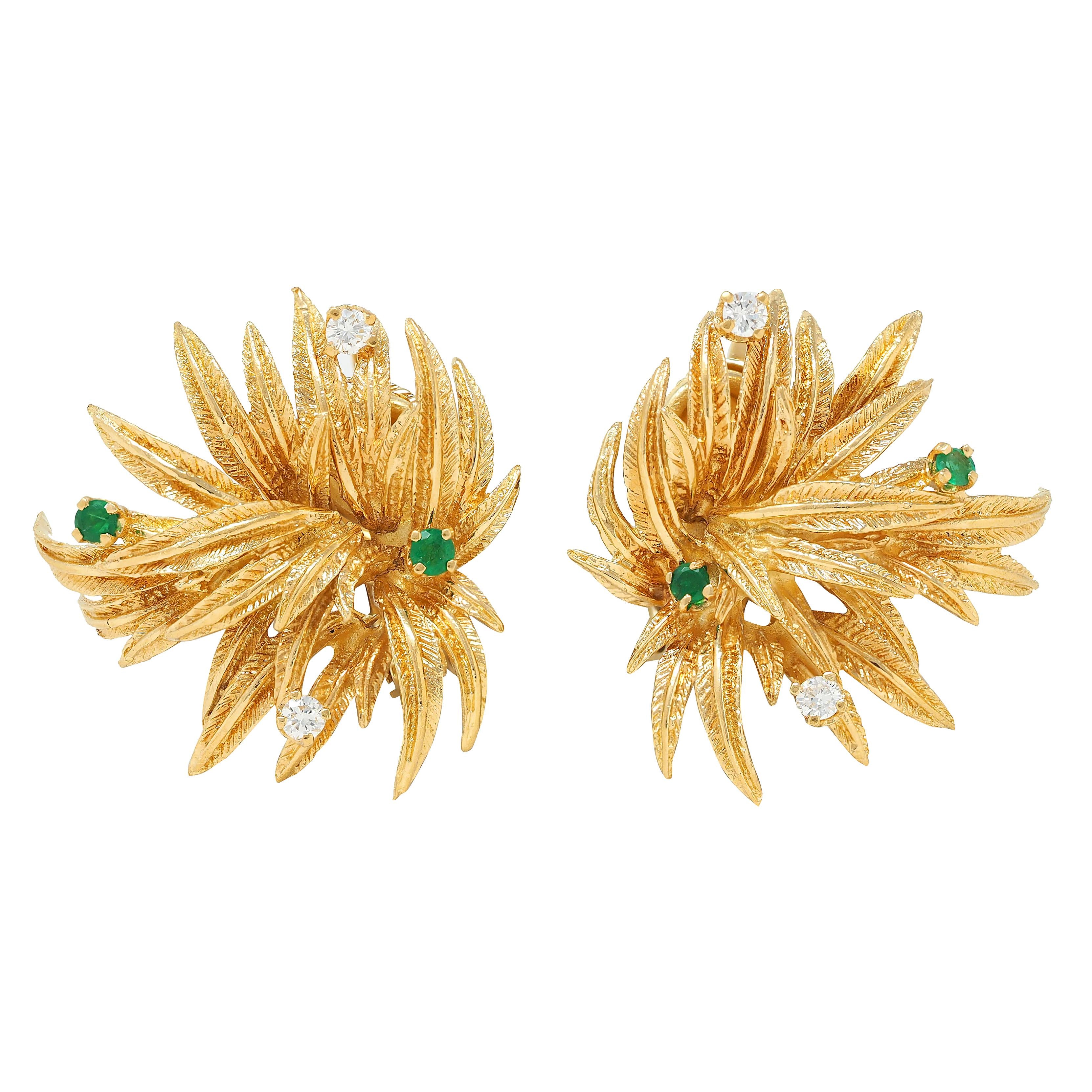 Tiffany & Co 1960s Emerald Diamond 18K Yellow Gold Vintage Foliate Earrings