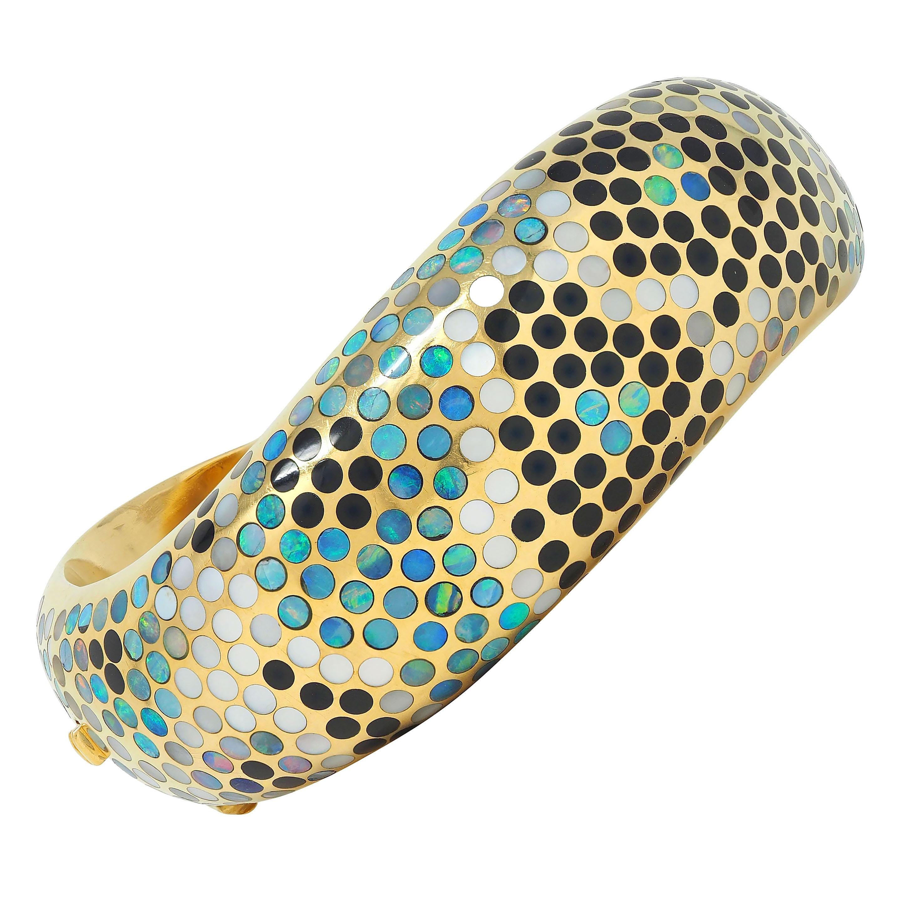 Angela Cummings Opal Onyx Mother-Of-Pearl Inlay 18K Gold Vintage Bangle Bracelet