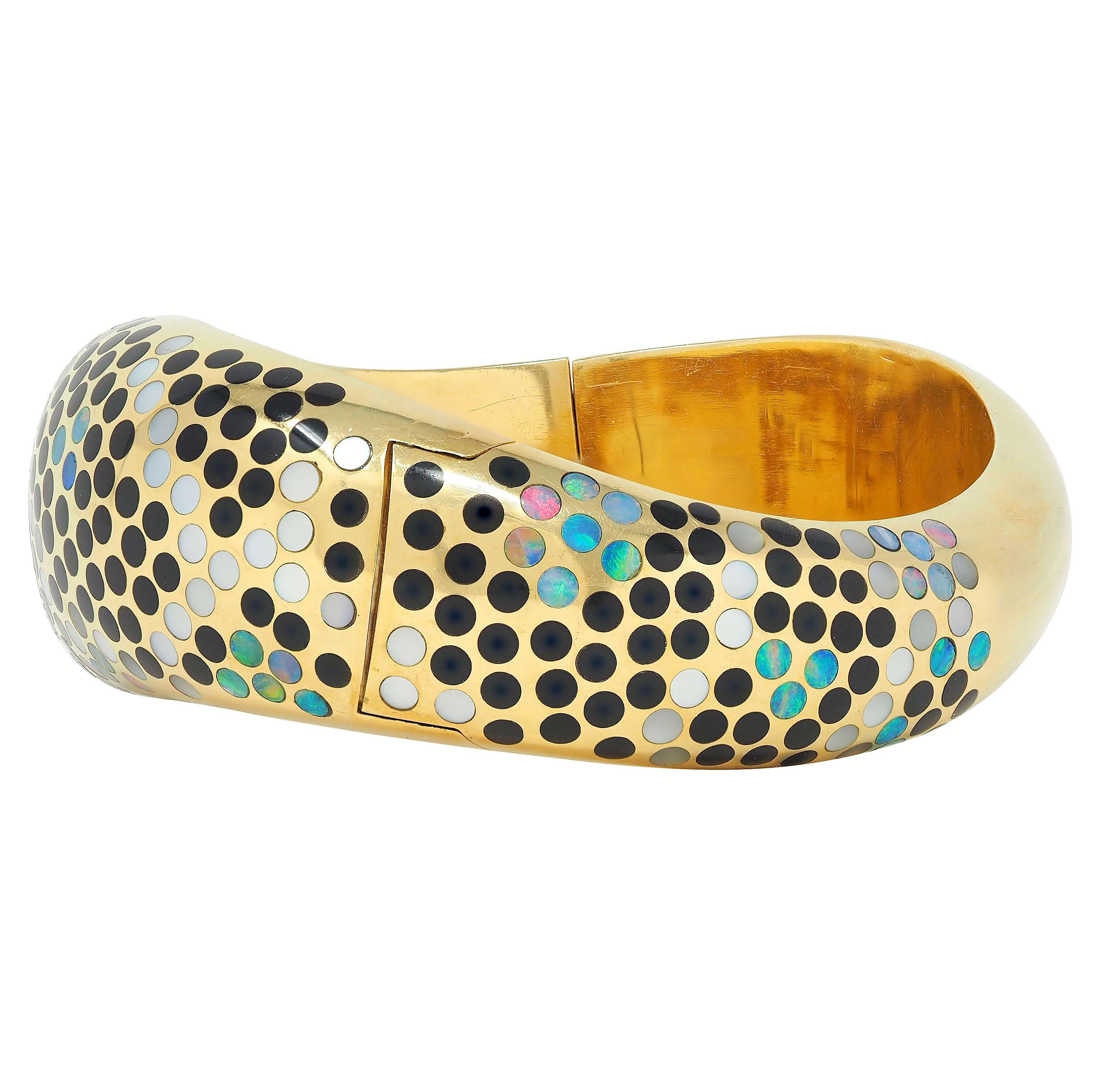 Angela Cummings Opal Onyx Mother-Of-Pearl Inlay 18K Gold Vintage Bangle Bracelet
