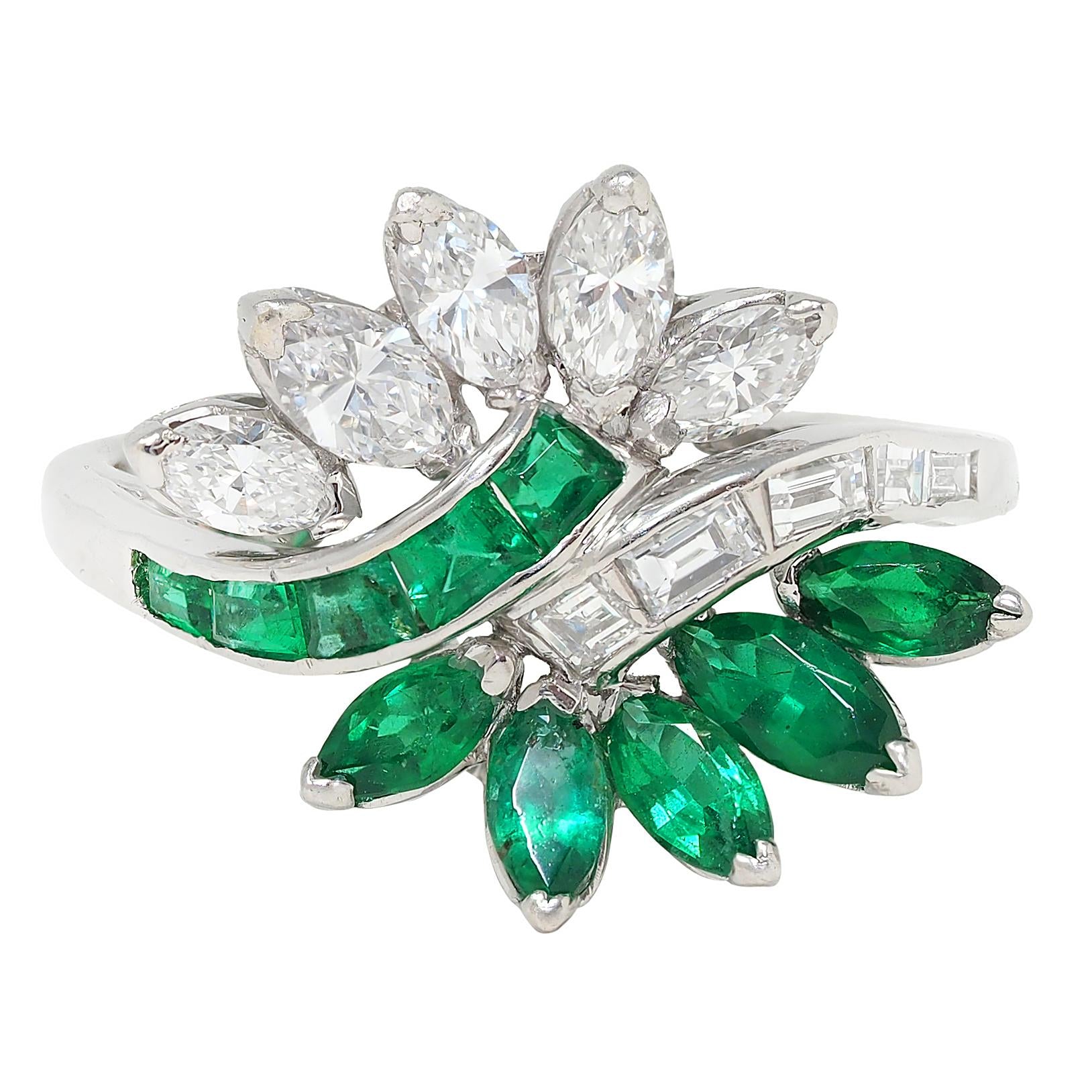 Mid-Century 2.16 CTW Emerald Diamond Platinum Vintage Fanning Bypass Ring