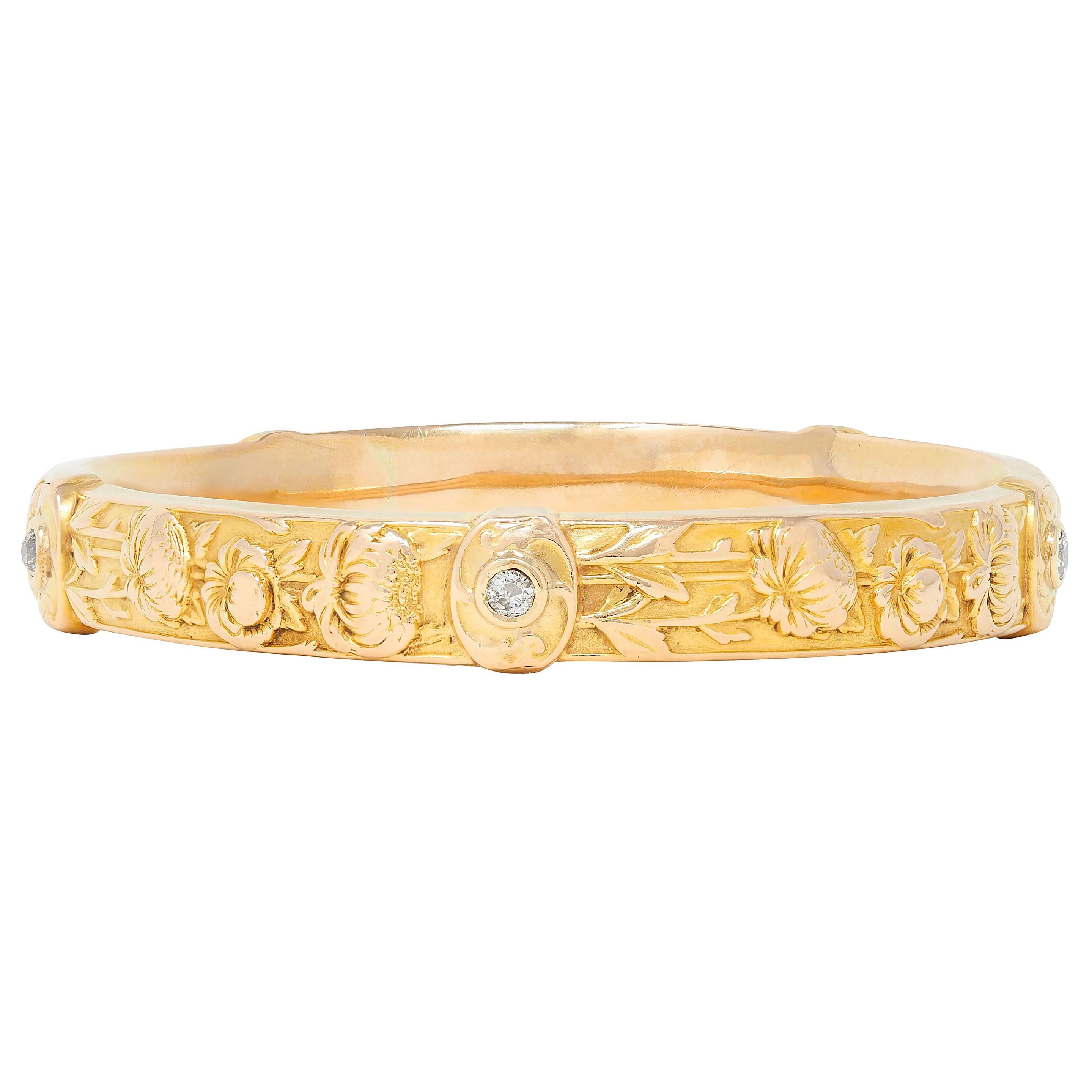Riker Brother Art Nouveau Diamond 14K Gold Antique Chrysanthemum Bangle Bracelet