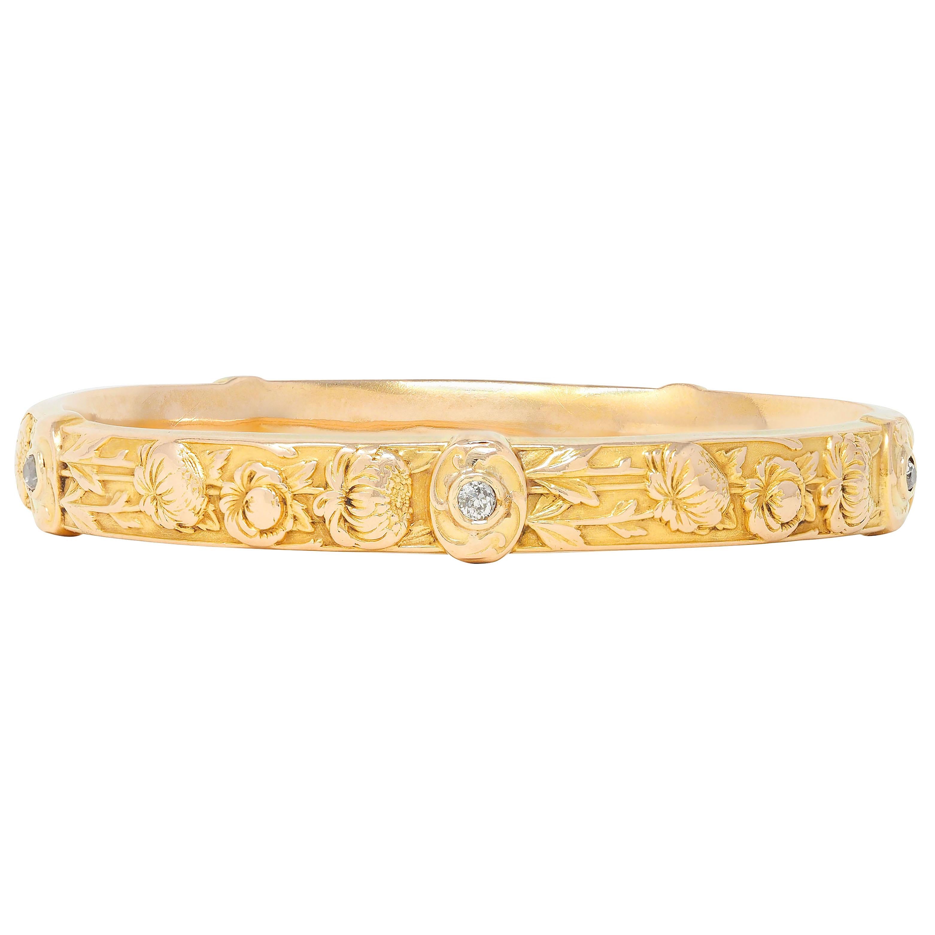 Riker Brother Art Nouveau Diamond 14K Gold Antique Chrysanthemum Bangle Bracelet