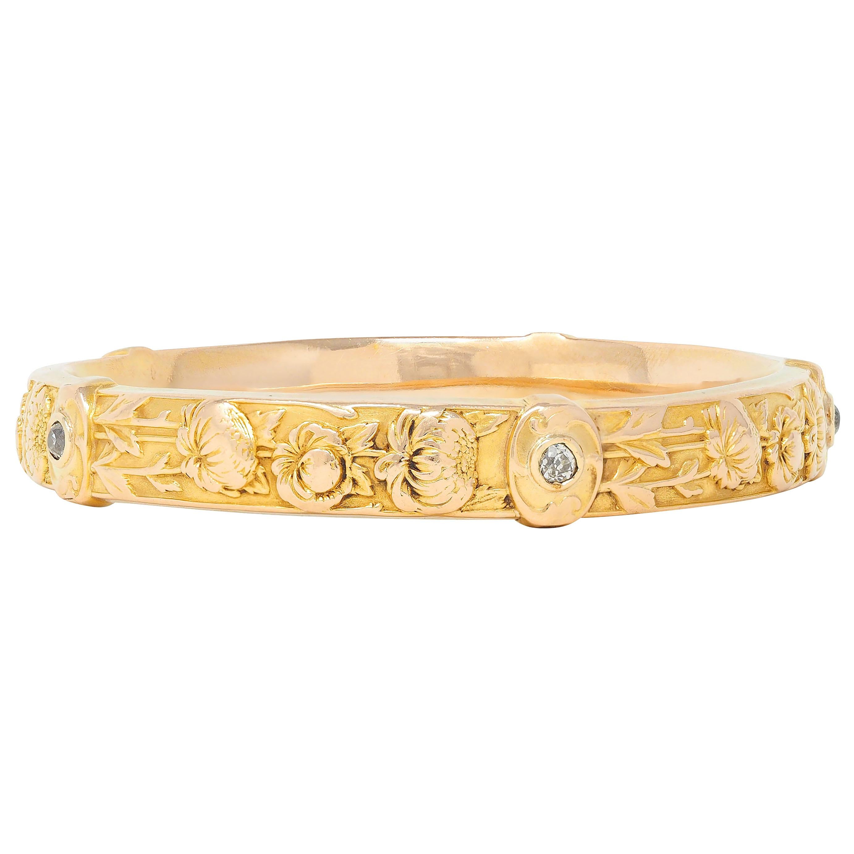 Riker Brother Art Nouveau Diamond 14K Gold Antique Chrysanthemum Bangle Bracelet