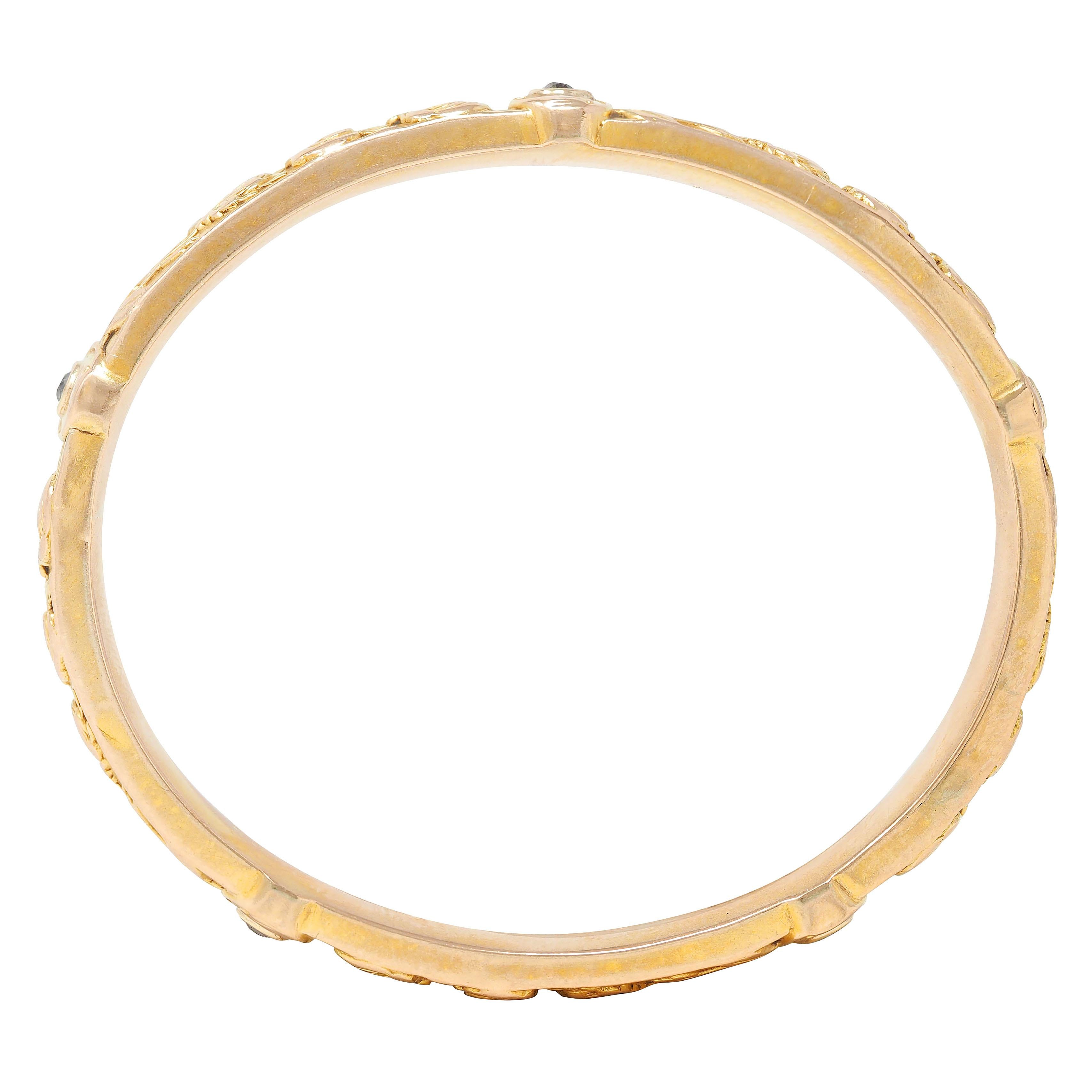 Riker Brother Art Nouveau Diamond 14K Gold Antique Chrysanthemum Bangle Bracelet