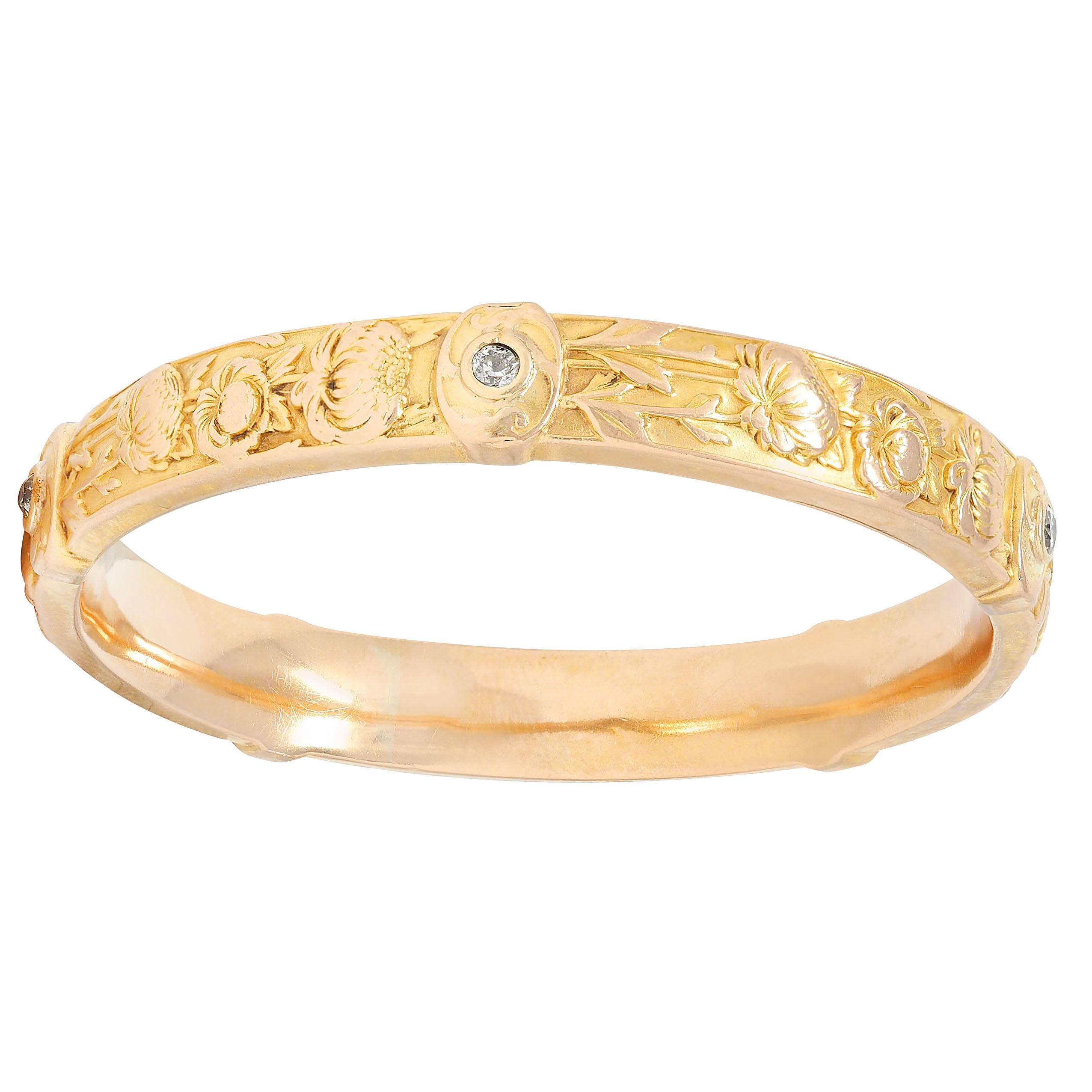 Riker Brother Art Nouveau Diamond 14K Gold Antique Chrysanthemum Bangle Bracelet