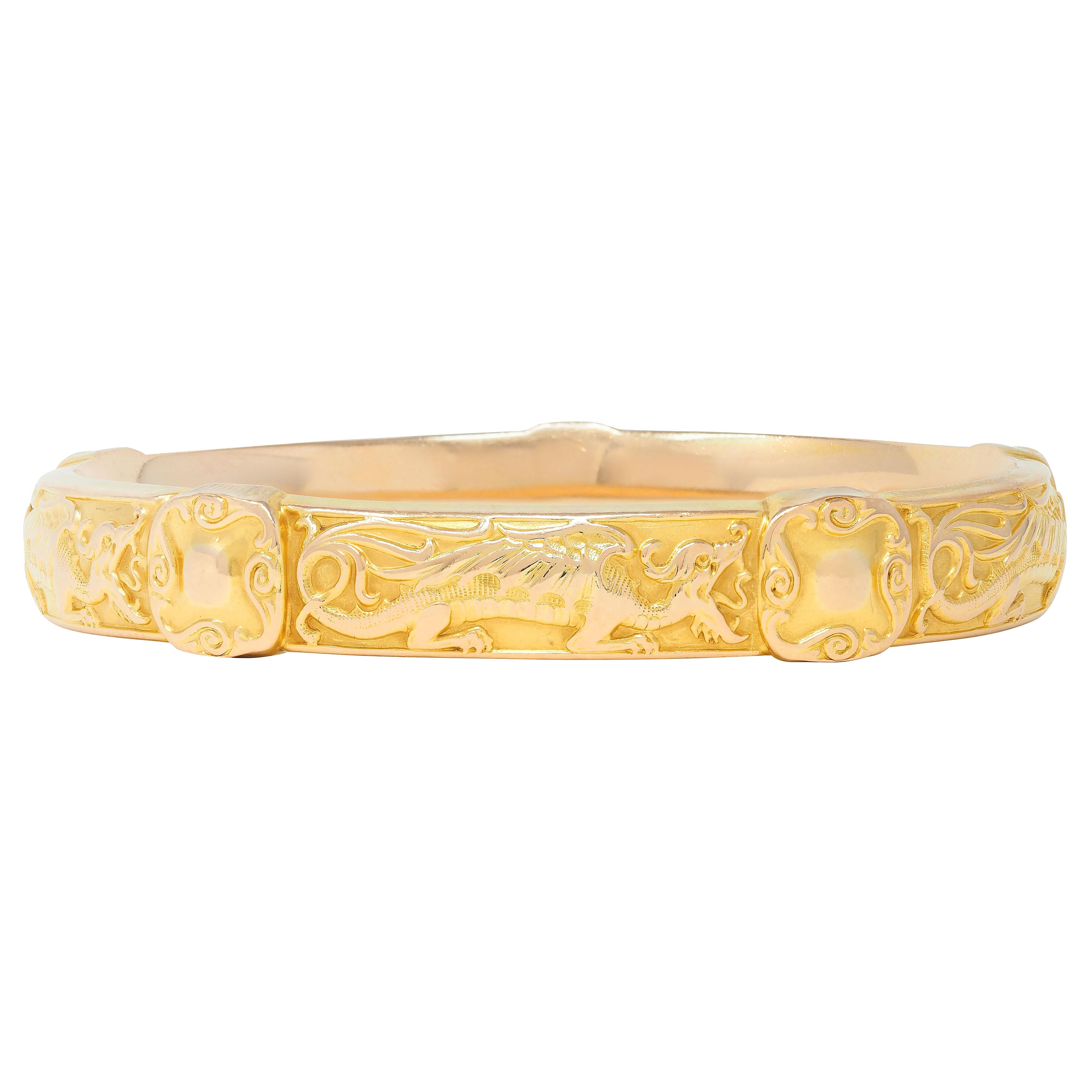 Riker Brothers Art Nouveau 14 Karat Yellow Gold Antique Dragon Bangle Bracelet