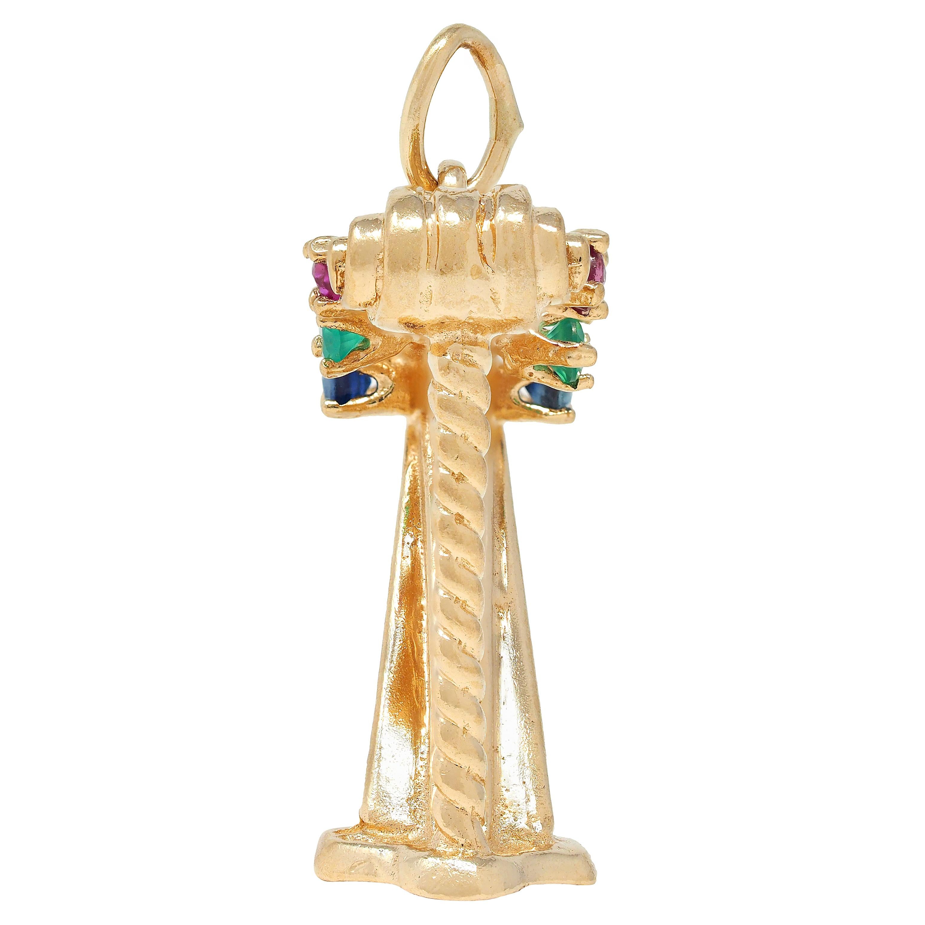 1960's Multi-Gem 14K Yellow Gold Vintage Harp Musical Instrument Pendant Charm