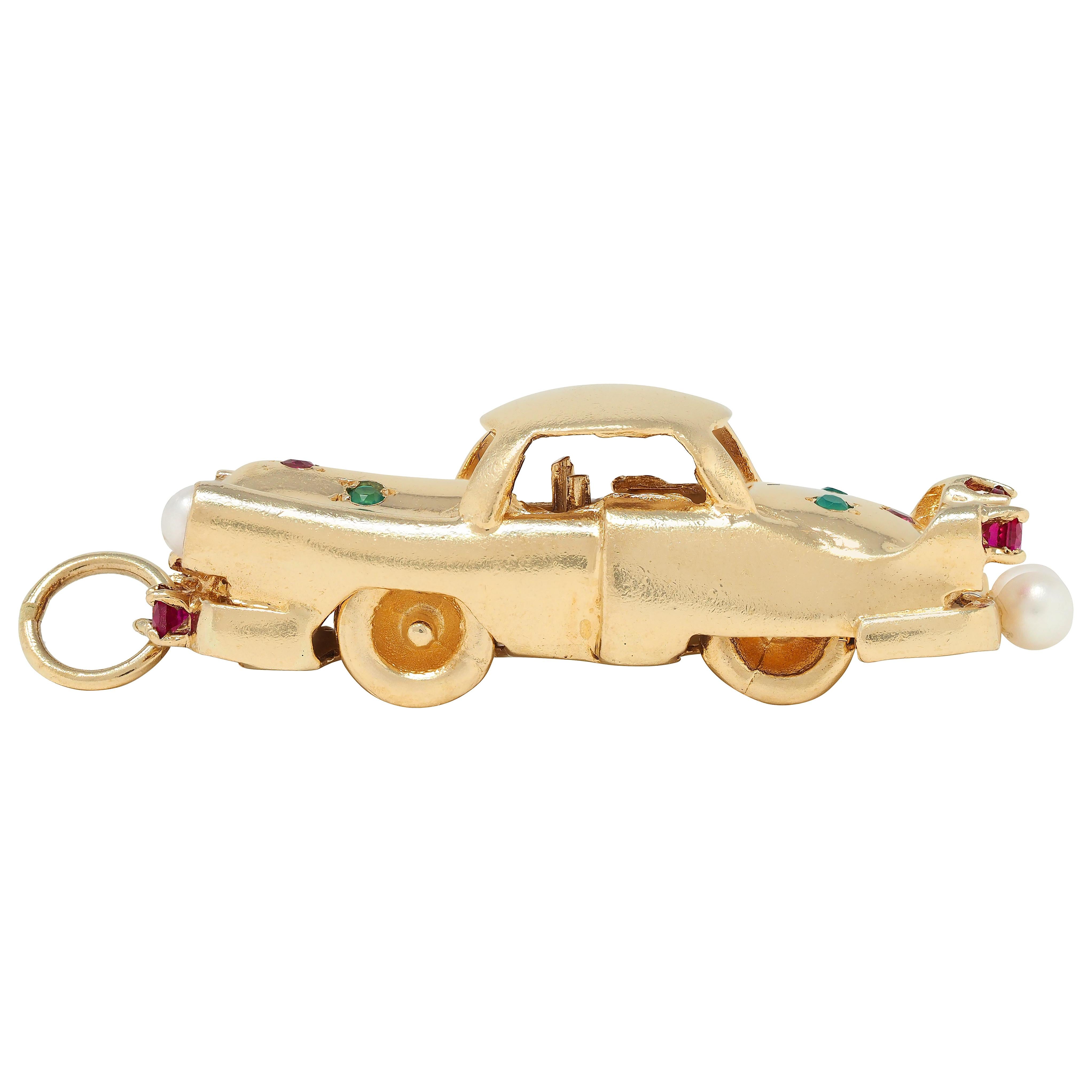 1960's Multi-Gem 14 Karat Yellow Gold Vintage Car Pendant Charm