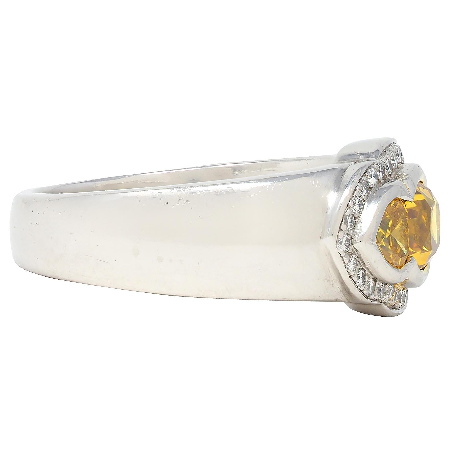 Vintage 1.79 CTW Fancy Vivid Yellow Diamond Three Stone Halo Ring