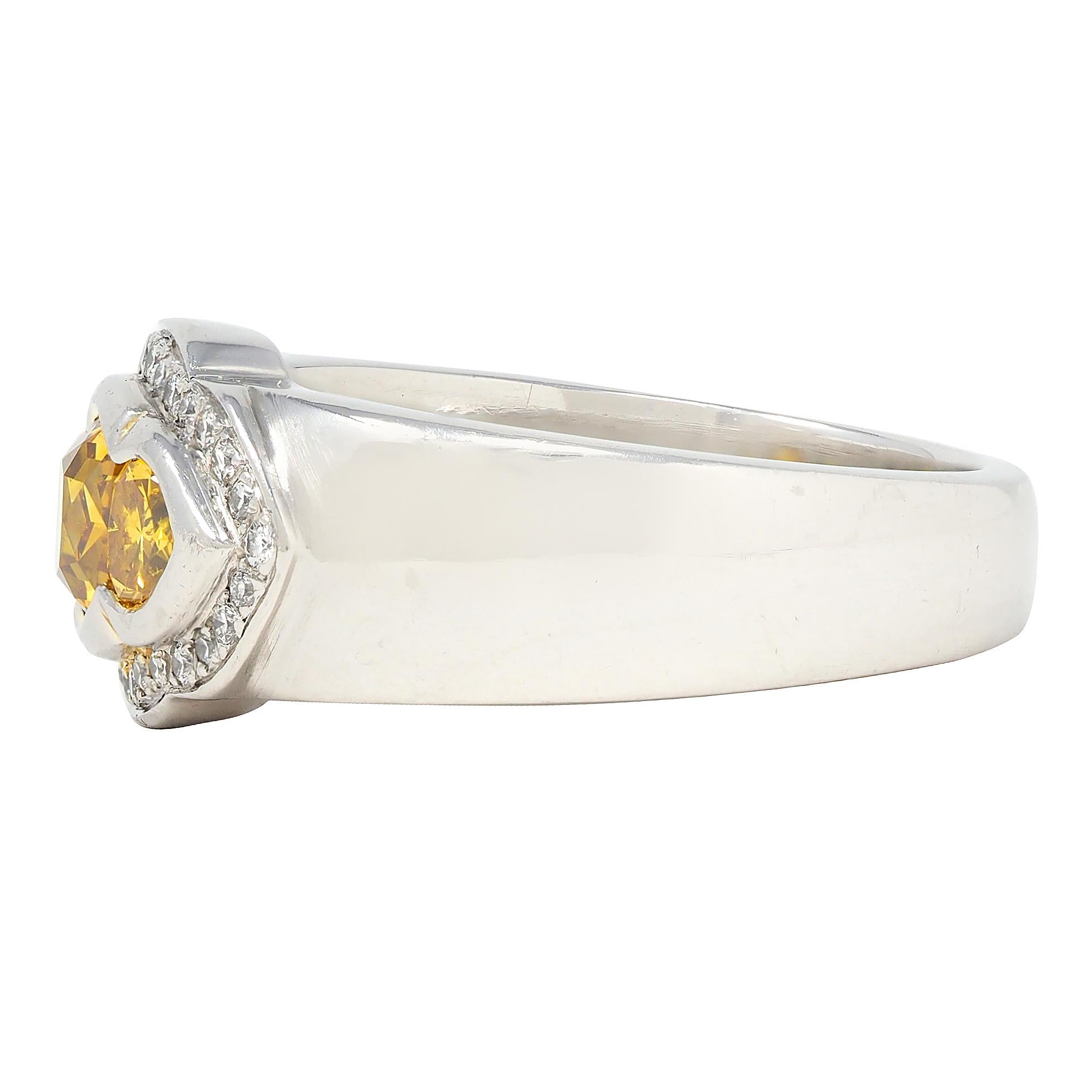 Vintage 1.79 CTW Fancy Vivid Yellow Diamond Three Stone Halo Ring