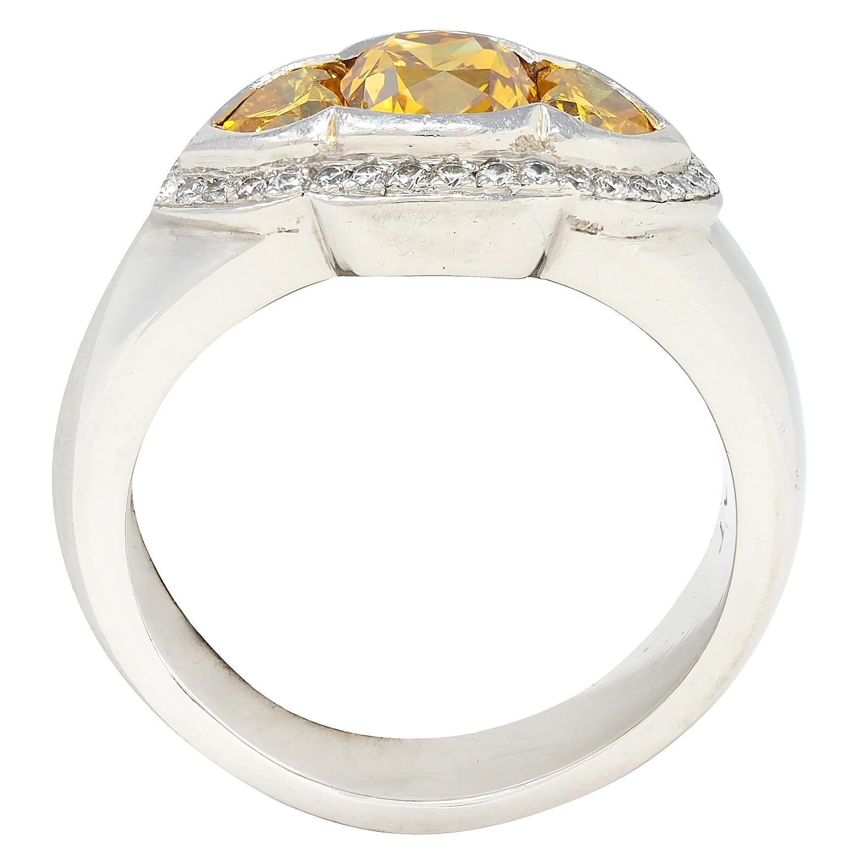 Vintage 1.79 CTW Fancy Vivid Yellow Diamond Three Stone Halo Ring