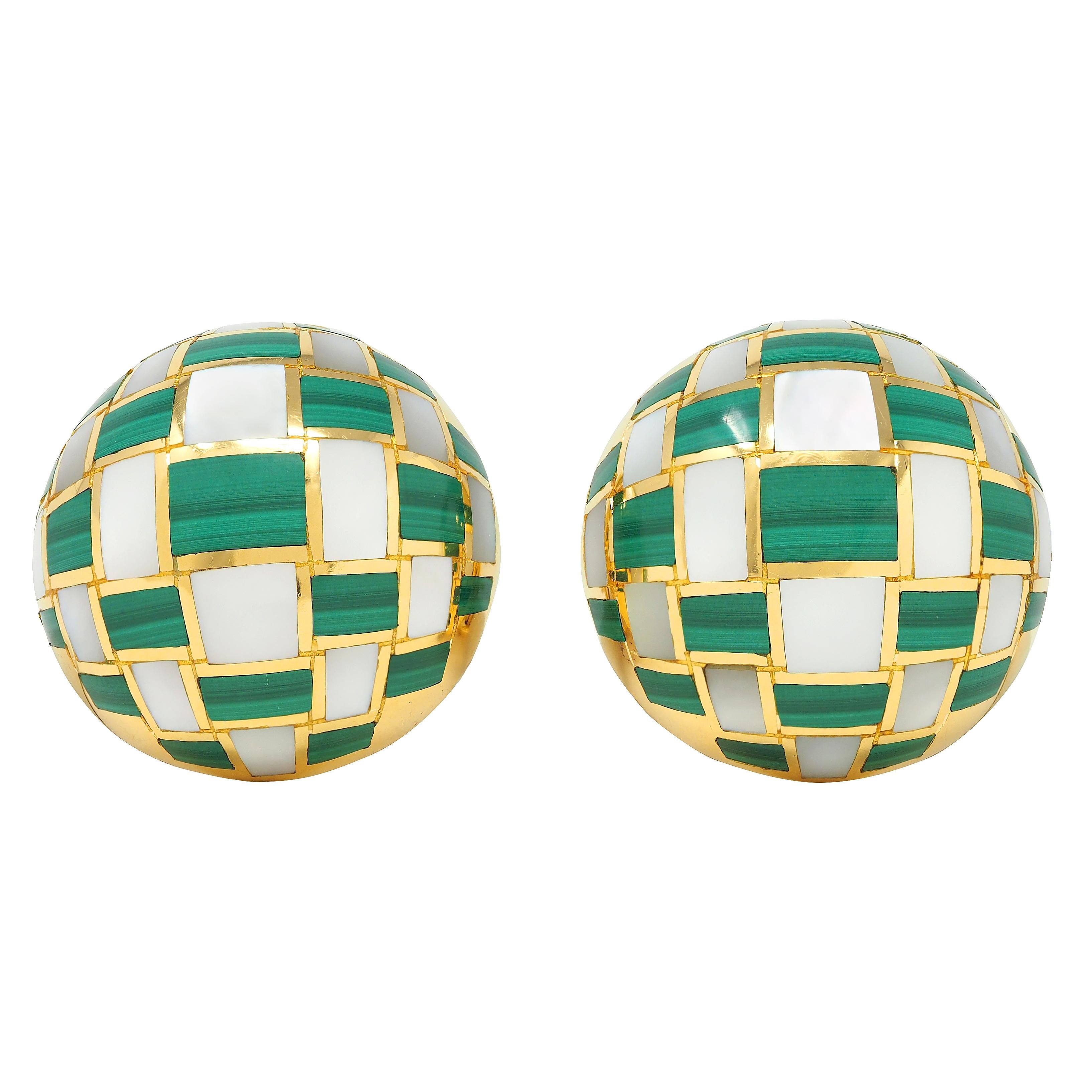 Tiffany & Co. 1980s Malachite Pearl Inlay 18K Gold Vintage Checkerboard Earrings