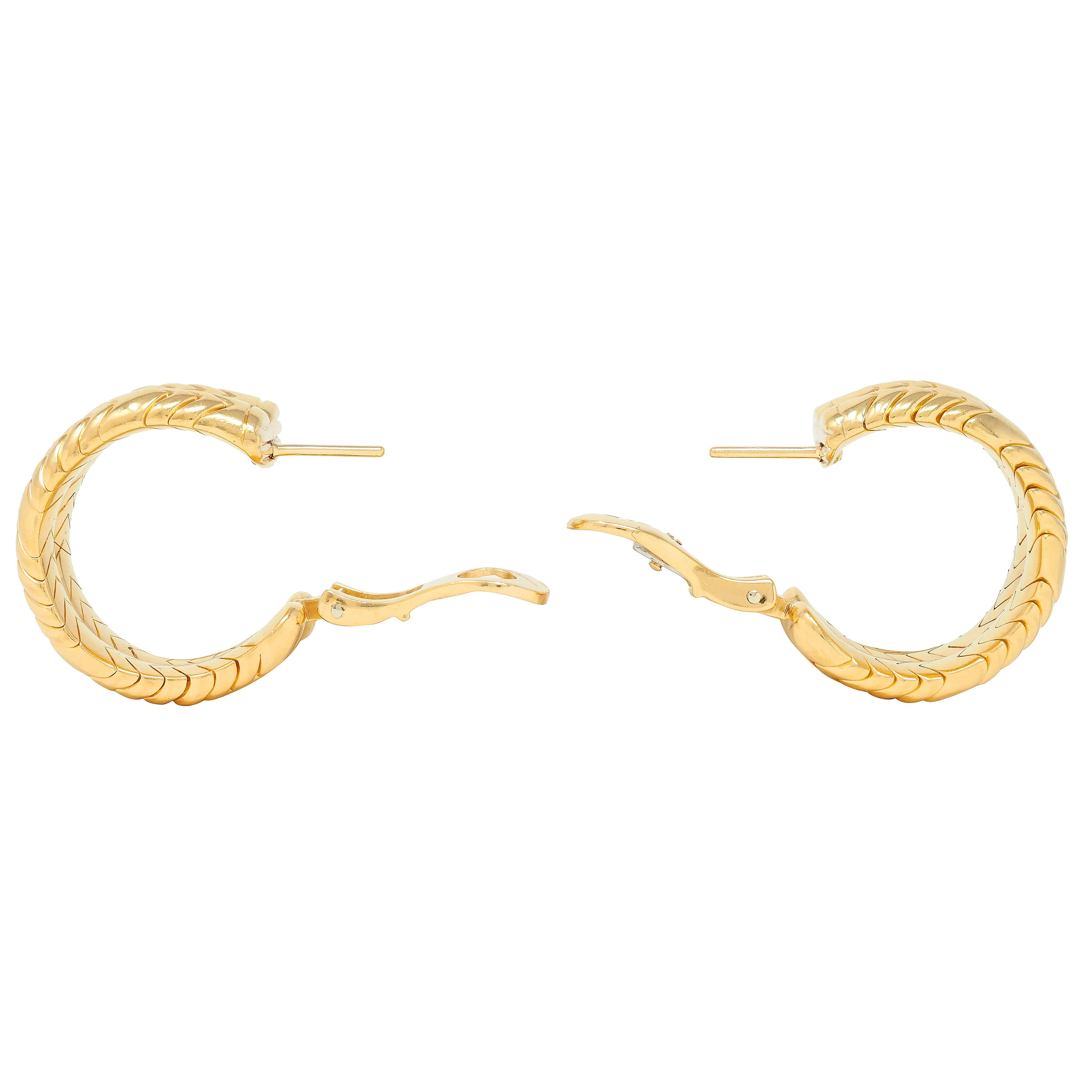 Bulgari 1990's 18 Karat Yellow Gold Vintage Spiga J-Hoop Earrings