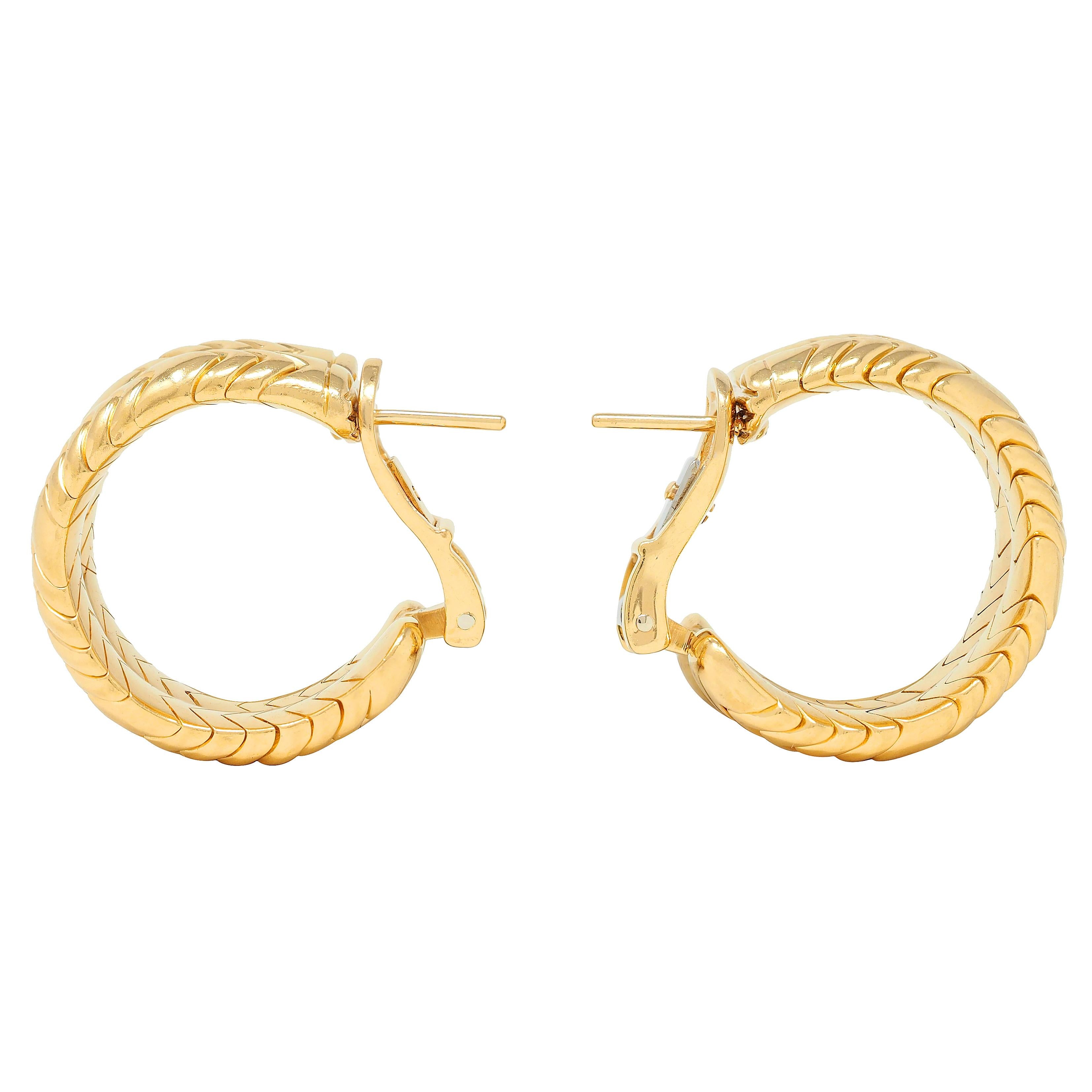 Bulgari 1990's 18 Karat Yellow Gold Vintage Spiga J-Hoop Earrings