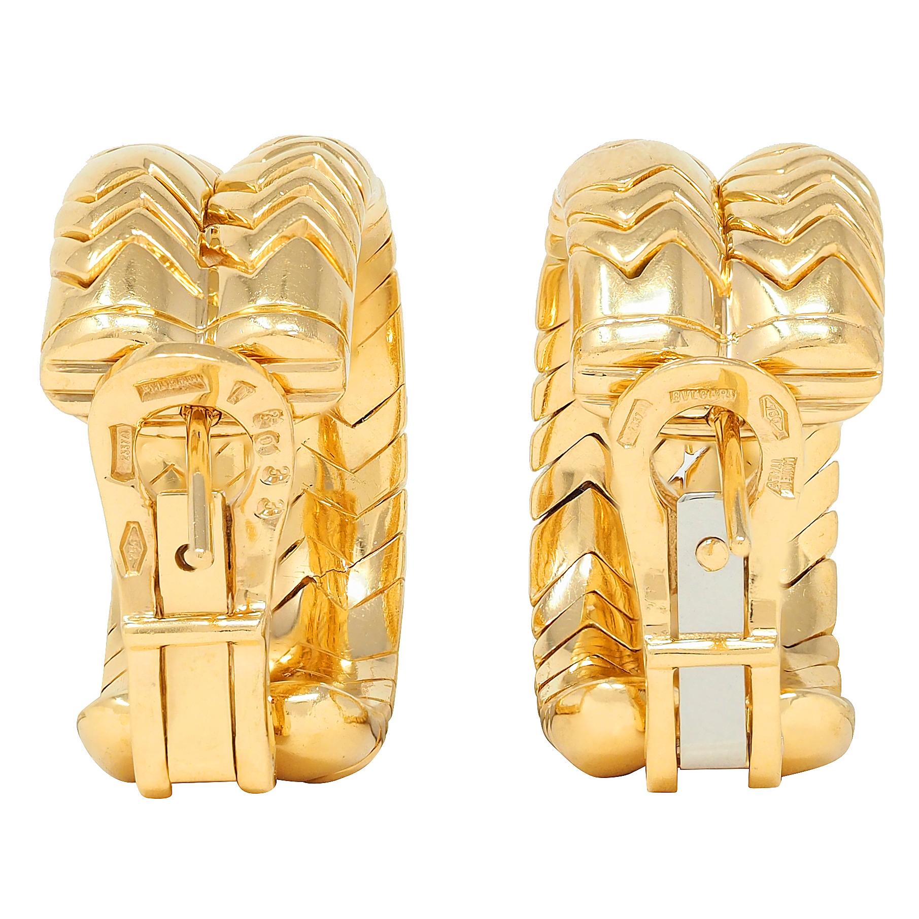 Bulgari 1990's 18 Karat Yellow Gold Vintage Spiga J-Hoop Earrings