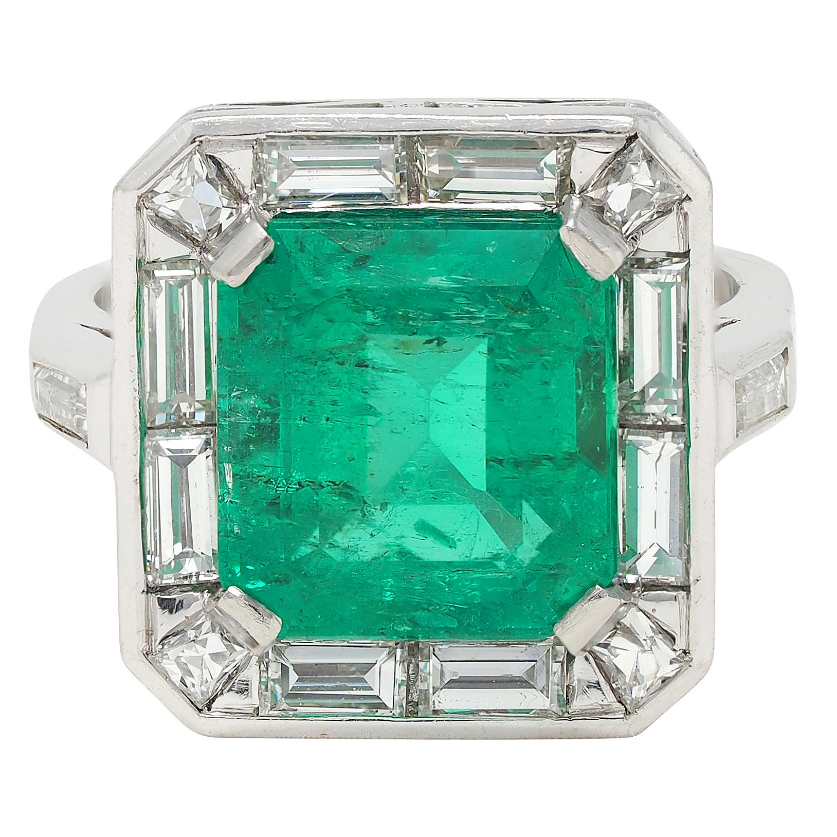 Mid-Century 7.00 CTW Colombian Emerald Diamond Platinum Vintage Halo Ring GIA