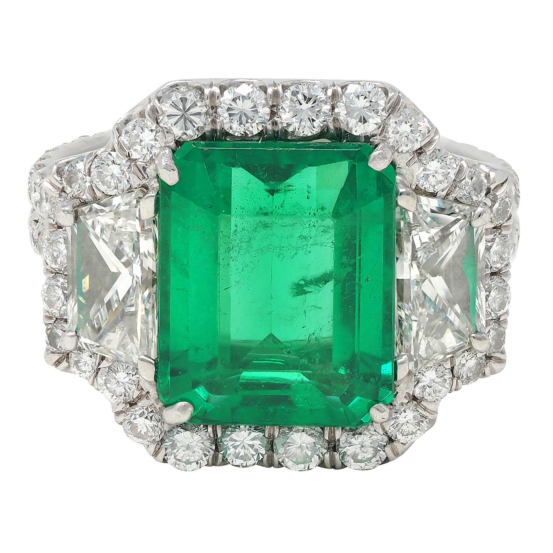 Contemporary 7.90 CTW Emerald Diamond Platinum Vintage Three Stone Halo Ring GIA