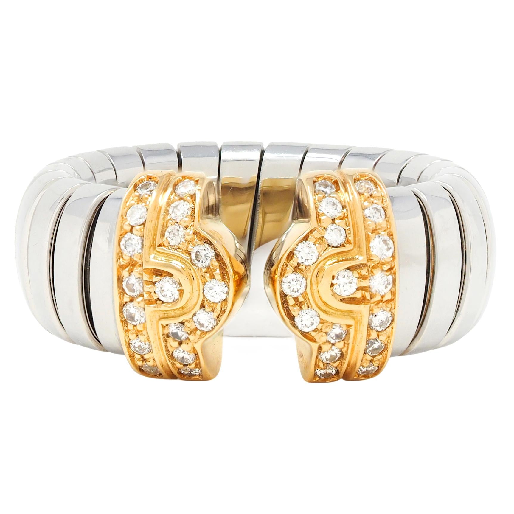 Bulgari Diamond 18 Karat Yellow Gold Steel Vintage Parentesi Tubogas Omega Ring