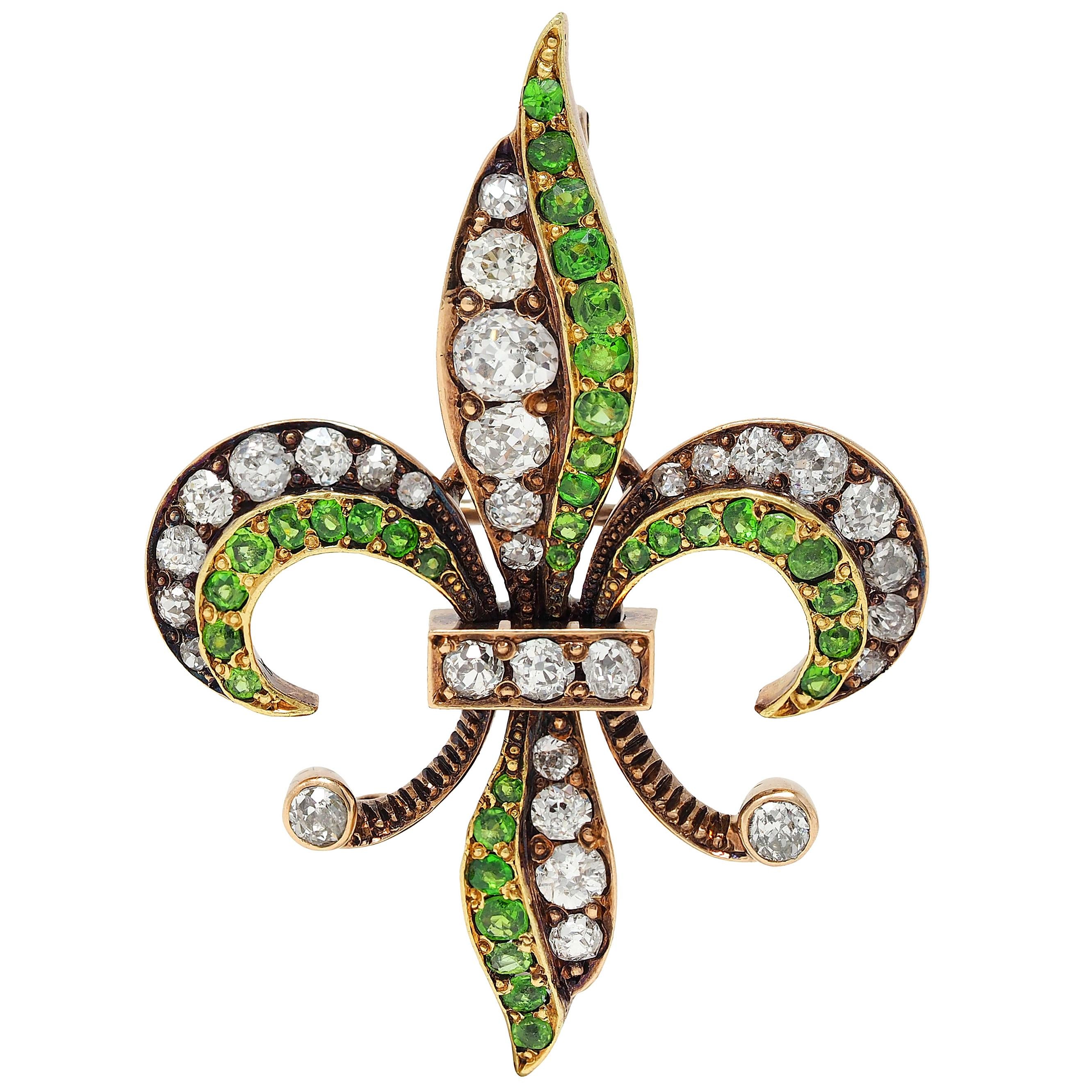Victorian Diamond Demantoid Garnet 14K Gold Antique Fleur-De-Lis Pendant Brooch