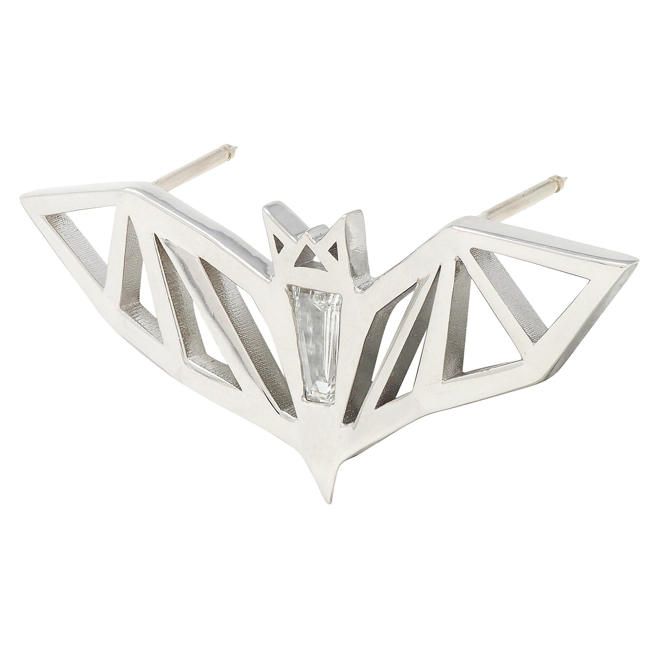 BRASH Platinum Fancy Diamond Faceted Geometric GEO Bat Unisex Brooch Pin