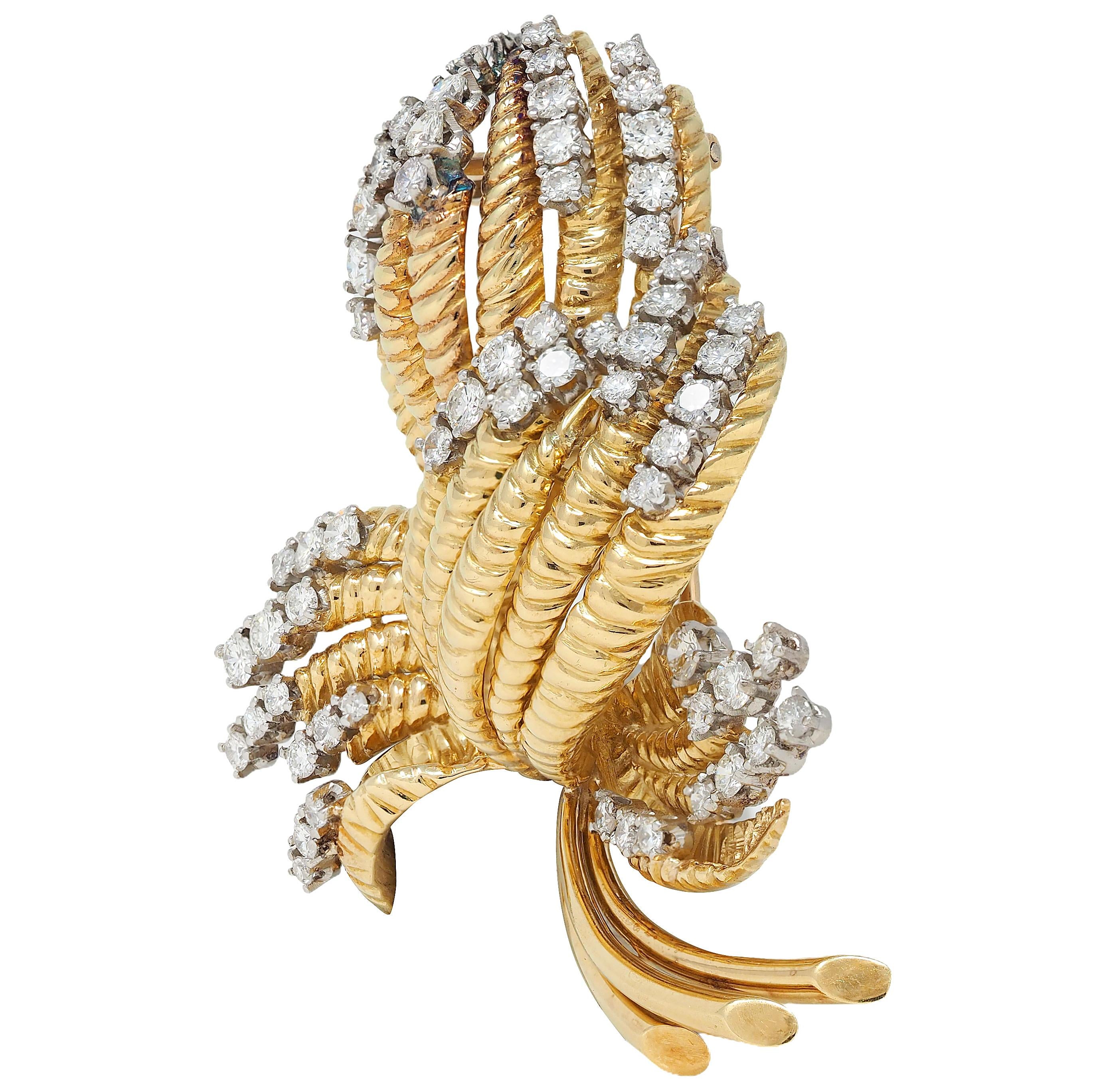Tiffany & Co. Mid-Century Diamond Platinum 18K Yellow Gold Vintage Leaf Brooch