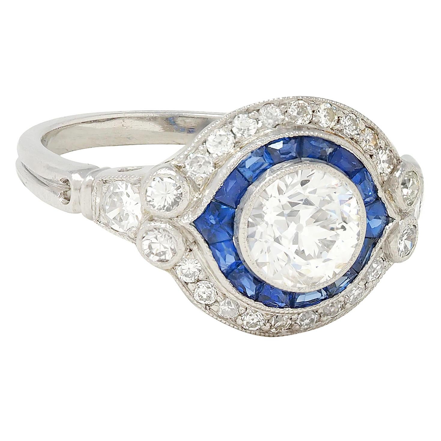 Art Deco Old European Diamond Sapphire Platinum Vintage Halo Engagement Ring