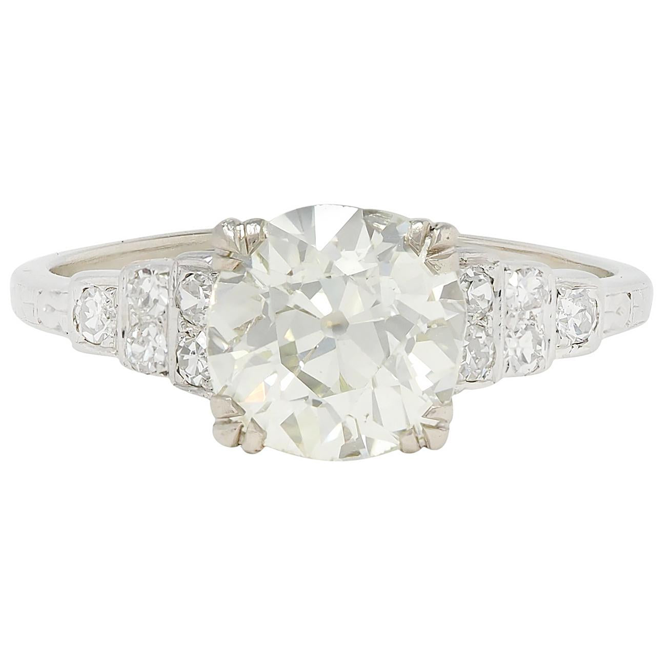 Art Deco 2.49 CTW Old Mine Cut Diamond Platinum Vintage Stepped Engagement Ring