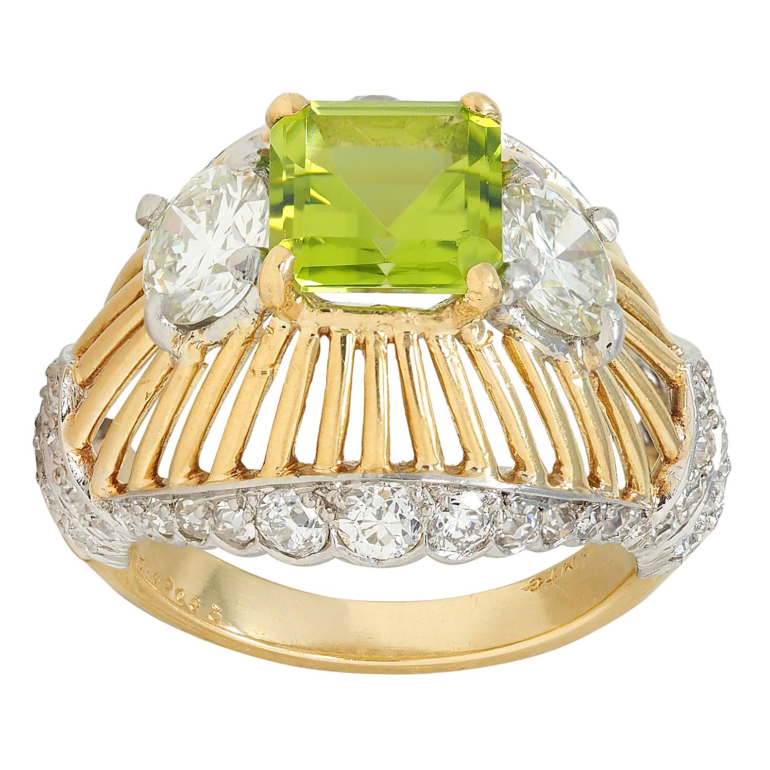 Cartier Retro 5.30 CTW Peridot Diamond Platinum 18K Gold Vintage Domed Ring