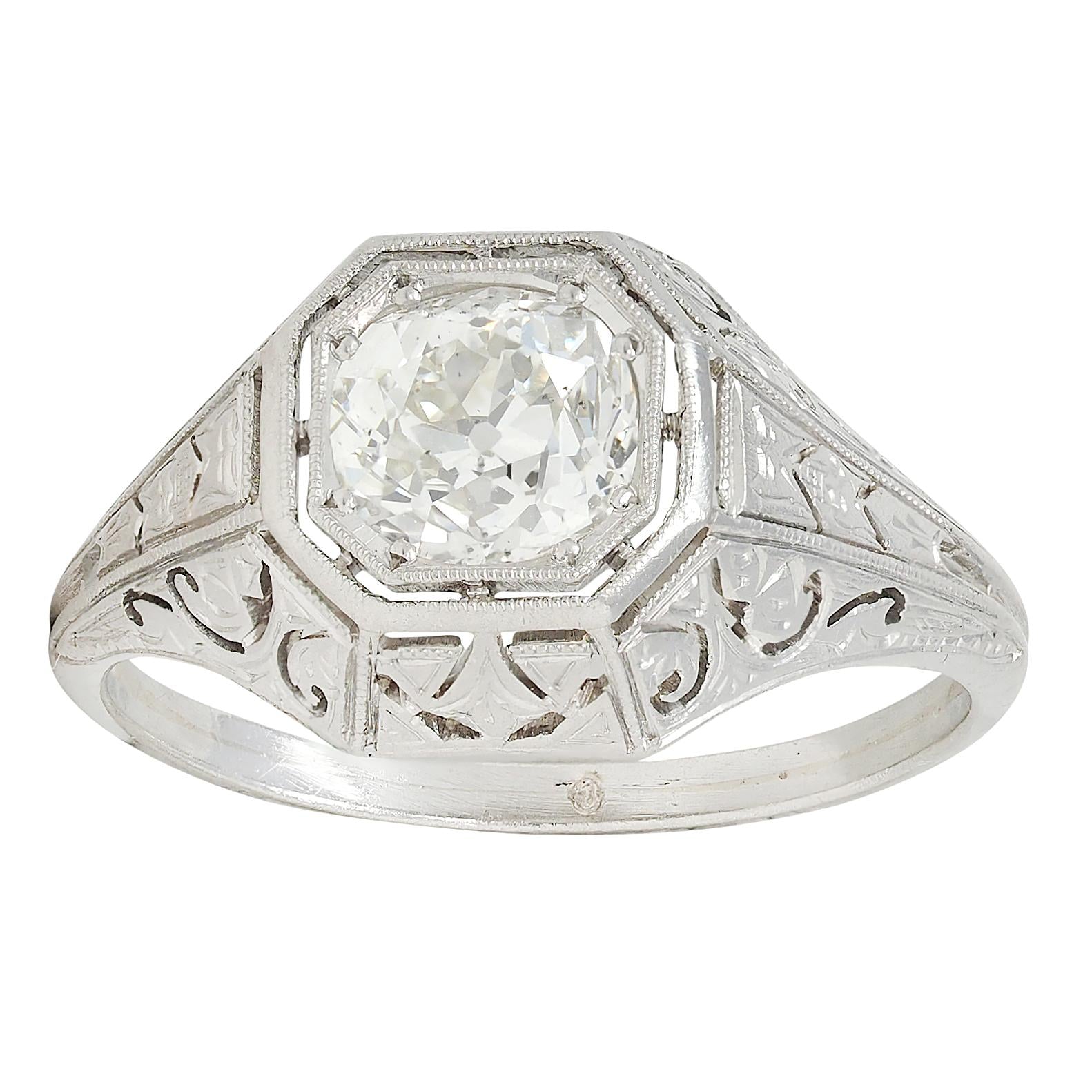 Art Deco 0.93 CTW Old Mine Diamond Platinum Vintage Solitaire Engagement Ring