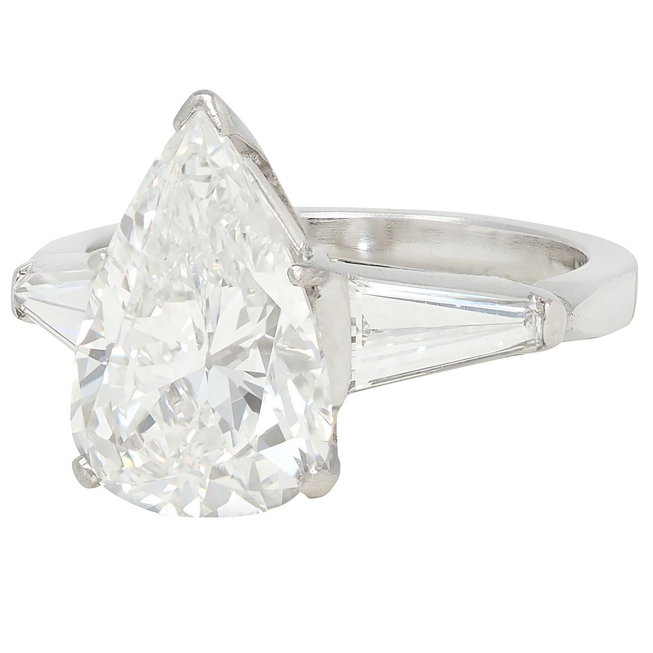 Mid-Century 4.04 CTW Pear Diamond Platinum Vintage Three Stone Engagement Ring