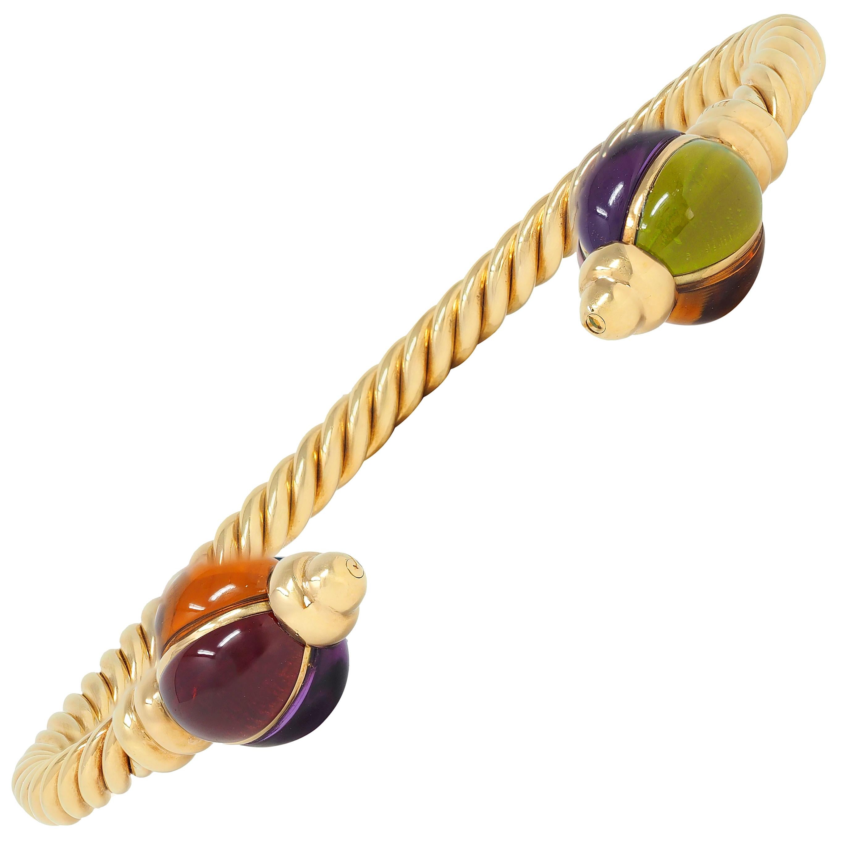 Bulgari 1980's Multi-Gem 18 Karat Yellow Gold Twisted Rope Cuff Bracelet
