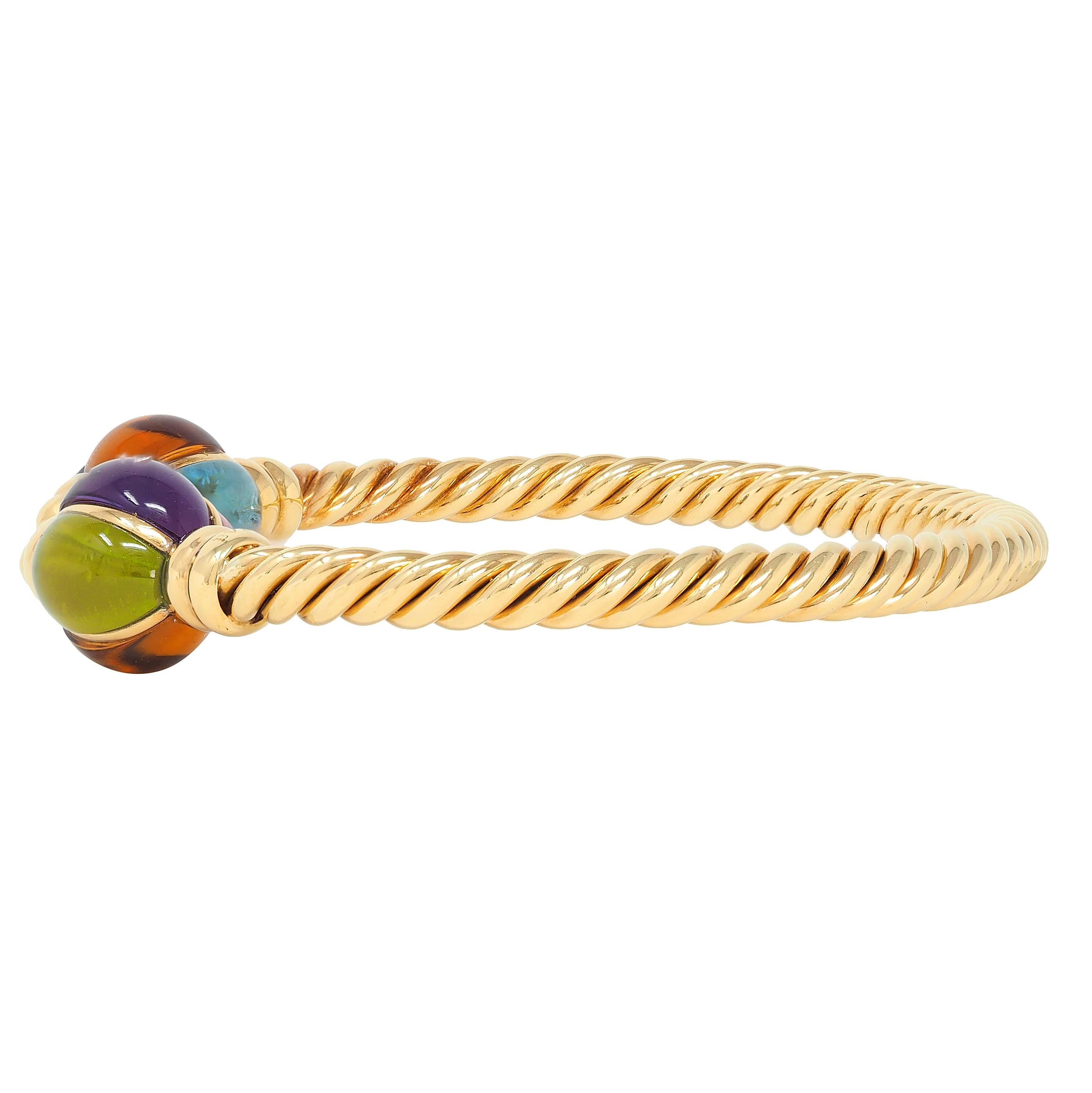 Bulgari 1980's Multi-Gem 18 Karat Yellow Gold Twisted Rope Cuff Bracelet
