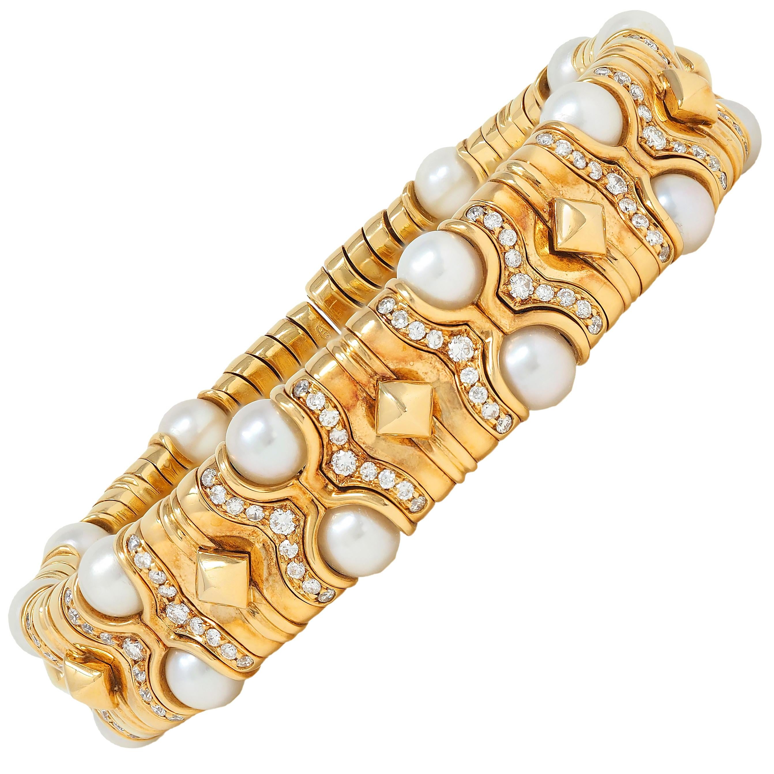 Bulgari 1980's Diamond Pearl 18 Karat Yellow Gold Vintage Doppio Boules Bracelet