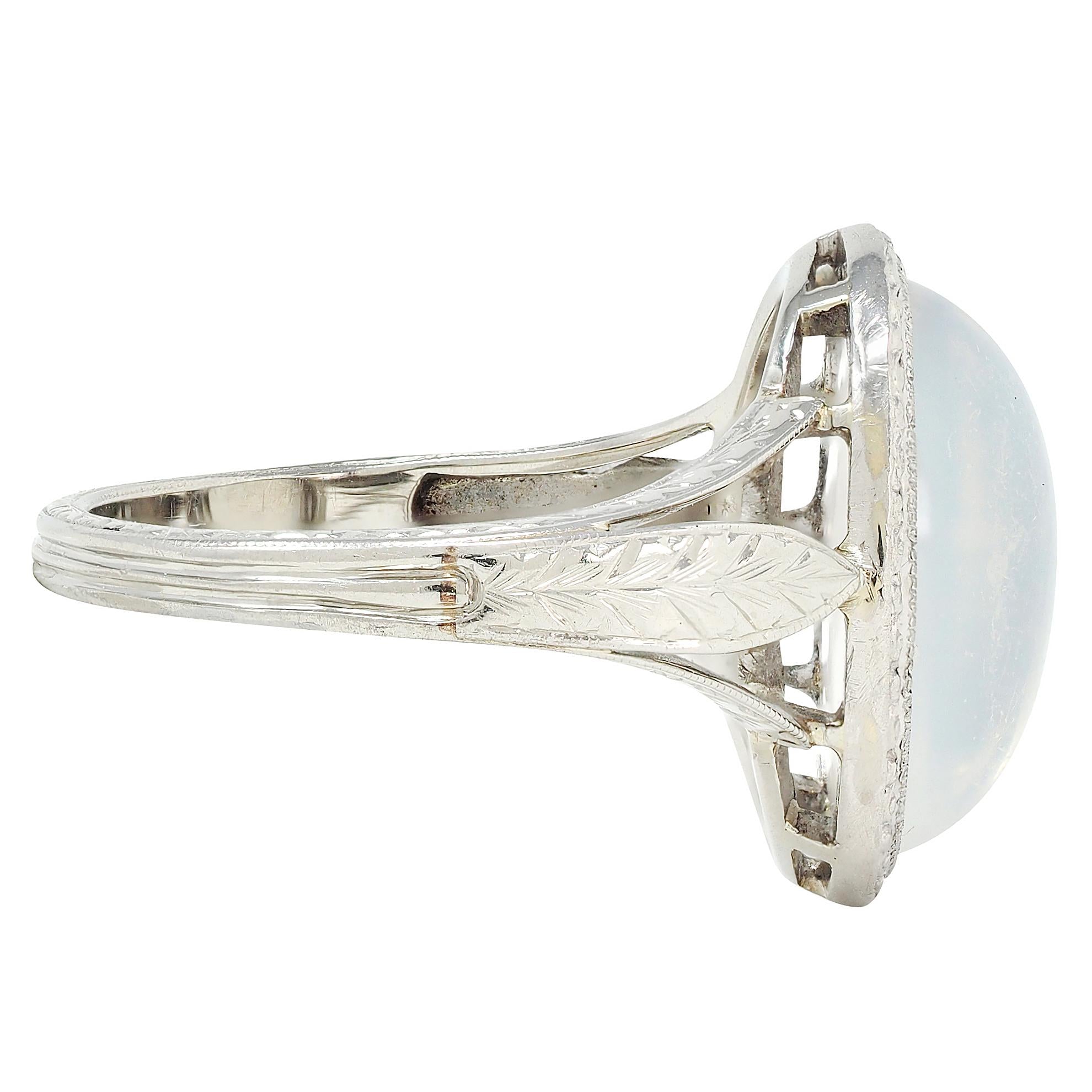 Art Deco Moonstone 18 Karat White Gold Vintage Wheat Dinner Ring