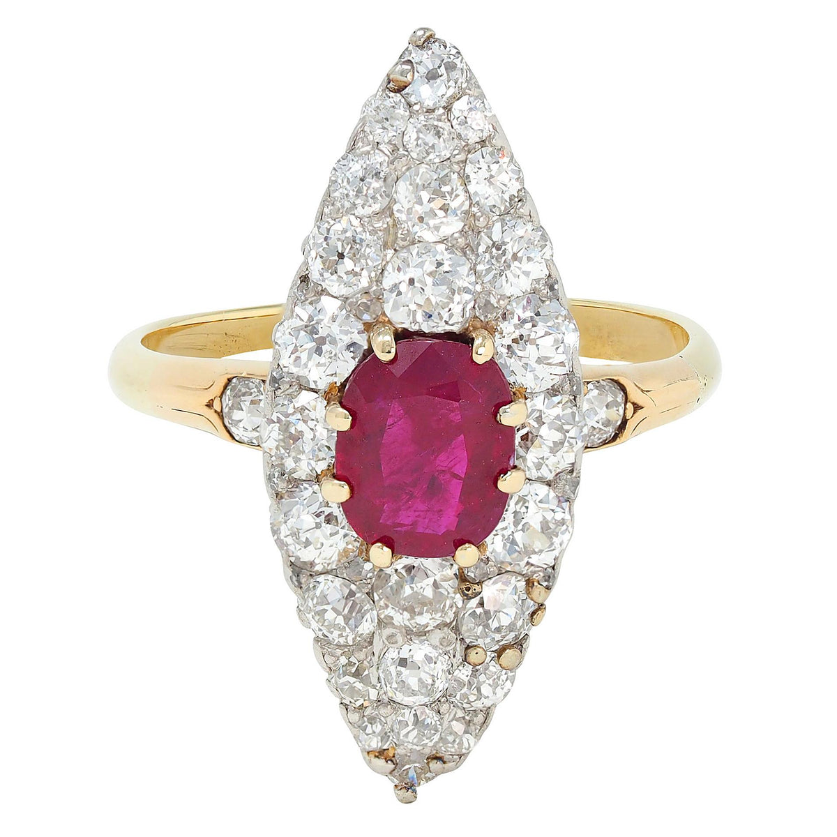 Edwardian No Heat Burma Ruby Diamond 18 Karat Yellow Gold Antique Clus