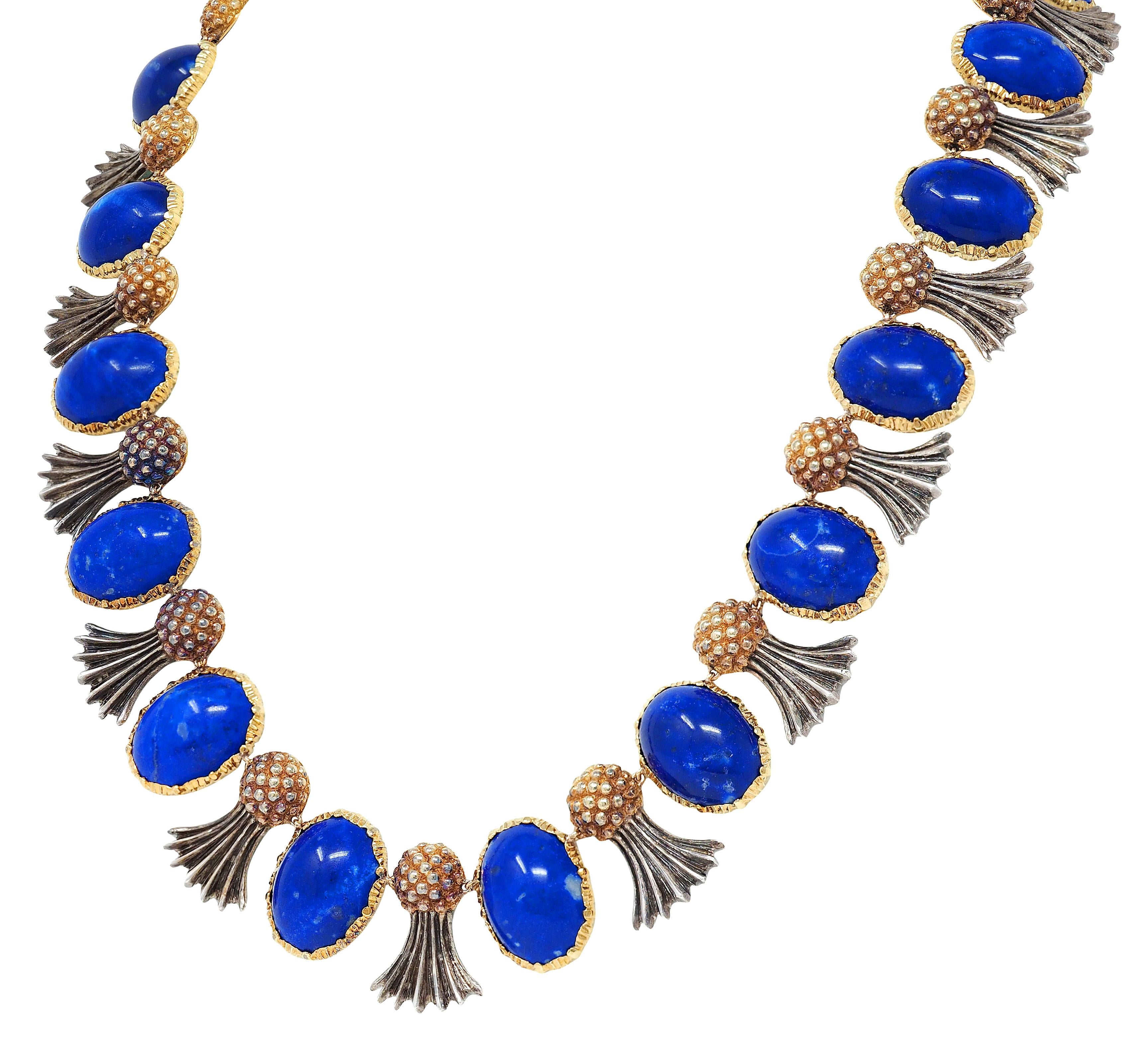 Buccellati 1960's Lapis Lazuli 18K Gold Silver Vintage Pineapple Fringe Necklace