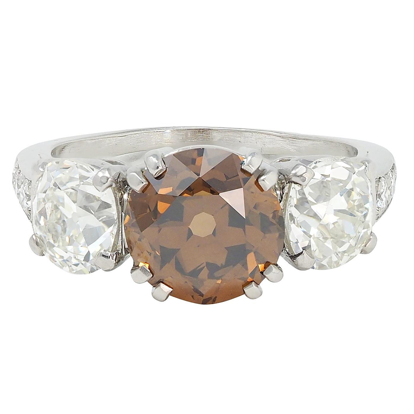 Mid-Century 4.25 CTW Fancy Orangy Brown Diamond Platinum Vintage Engagement Ring
