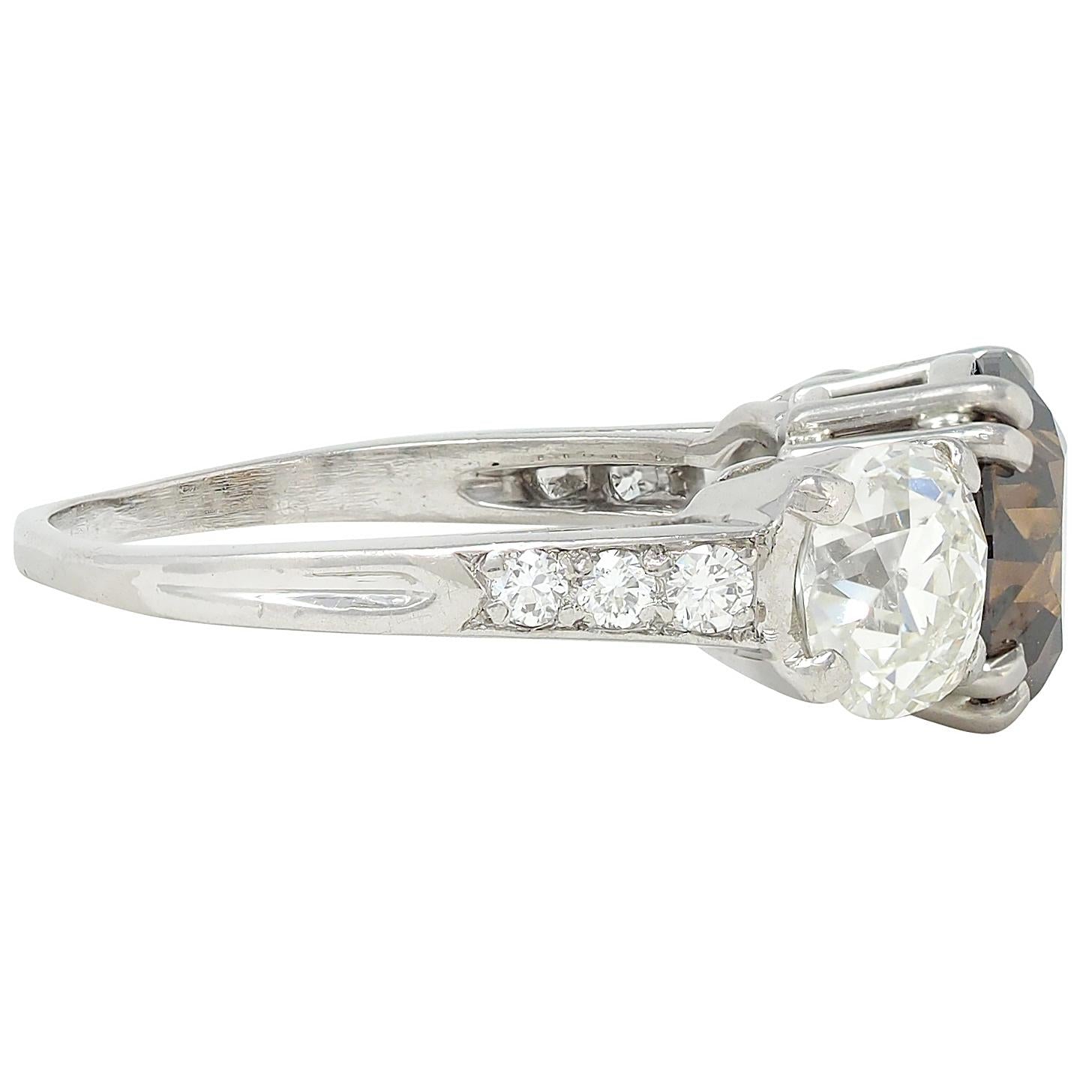 Mid-Century 4.25 CTW Fancy Orangy Brown Diamond Platinum Vintage Engagement Ring