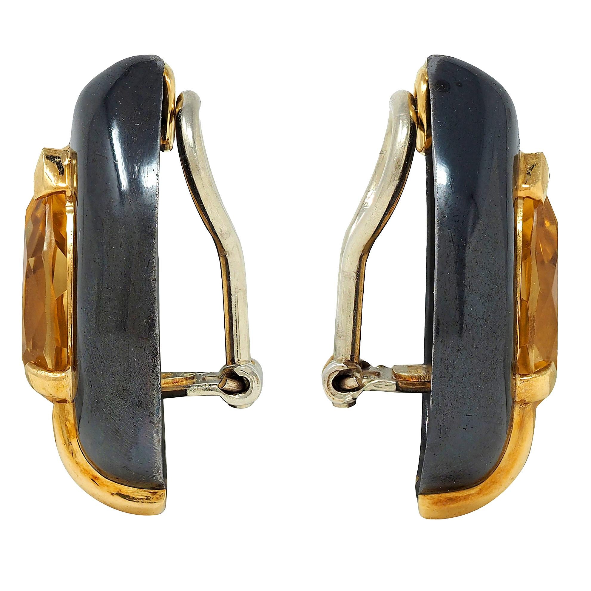 Sabbadini 5.80 CTW Citrine Diamond 18K Gold Black Rhodium Pear Ear-Clip Earrings