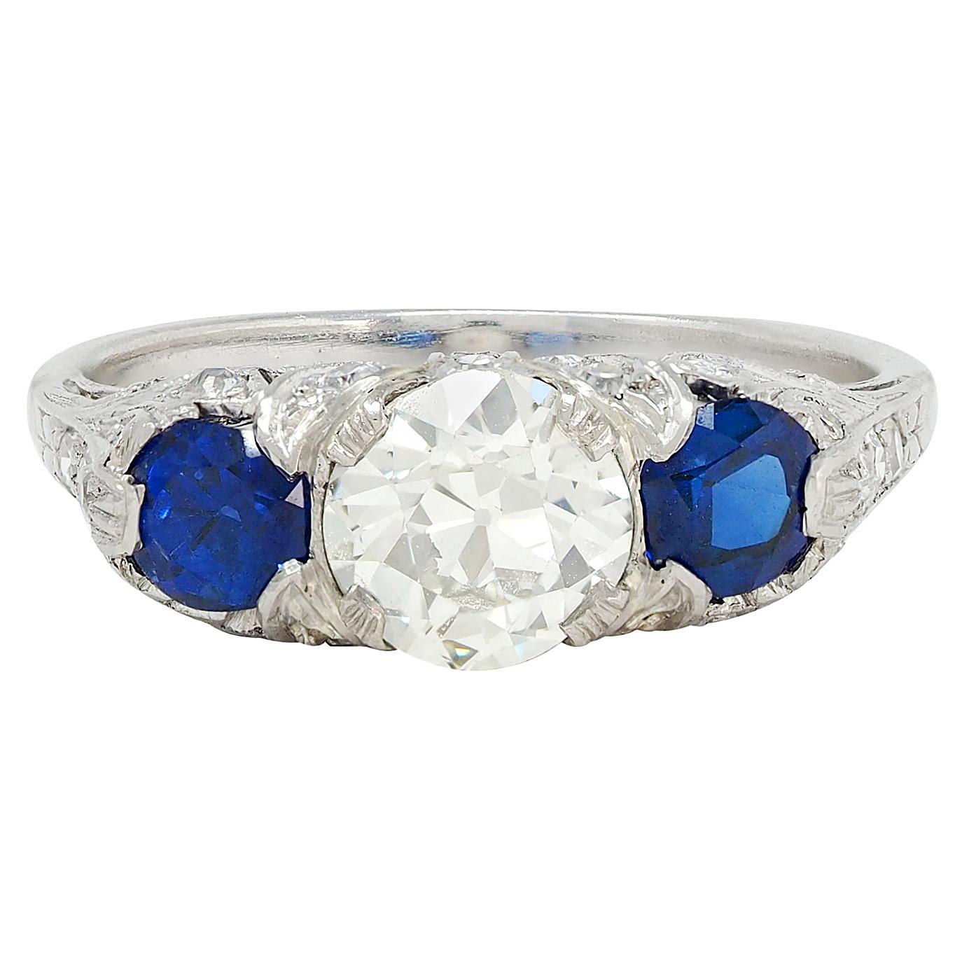 Edwardian 2.10 CTW Sapphire Diamond Platinum Antique Foliate Three Stone Ring