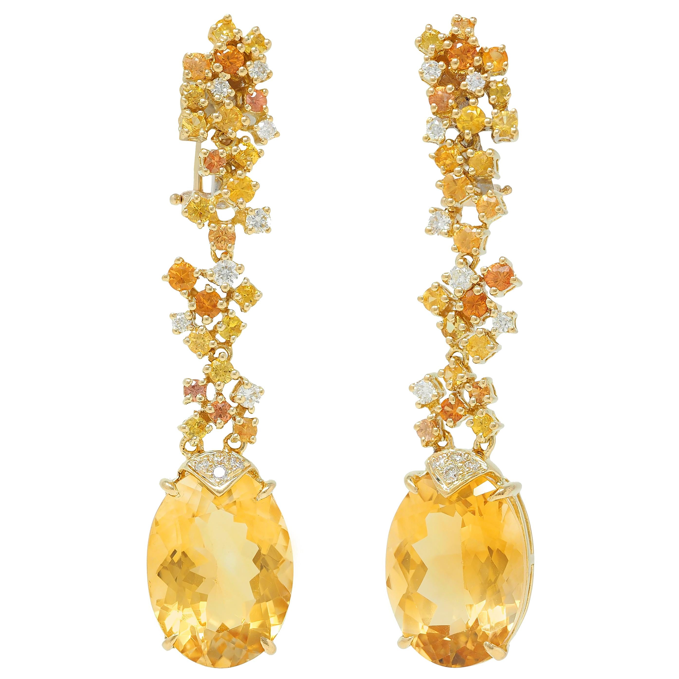 Contemporary 15.00 CTW Citrine Sapphire Diamond 18K Yellow Gold Drop Earrings