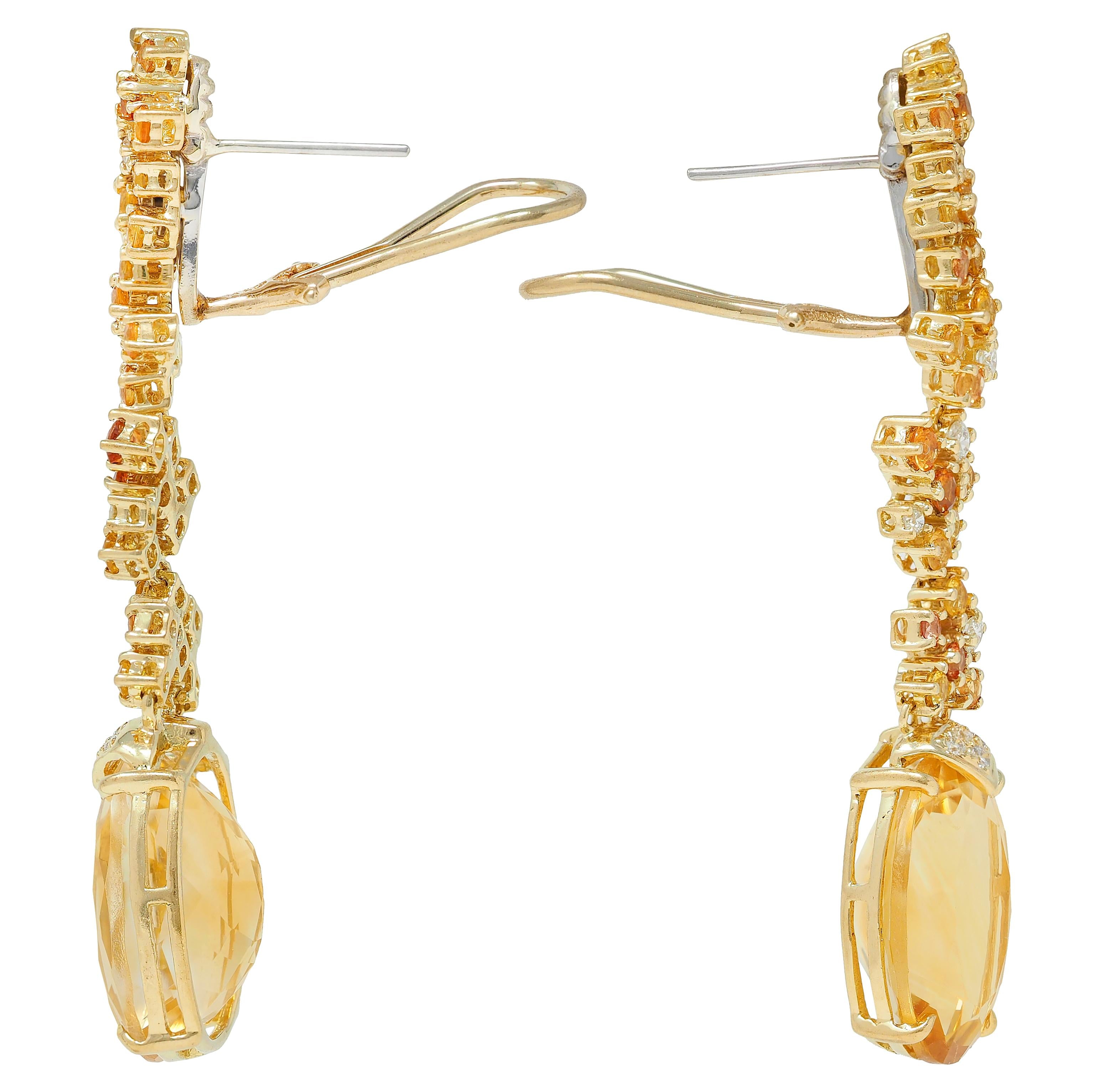 Contemporary 15.00 CTW Citrine Sapphire Diamond 18K Yellow Gold Drop Earrings