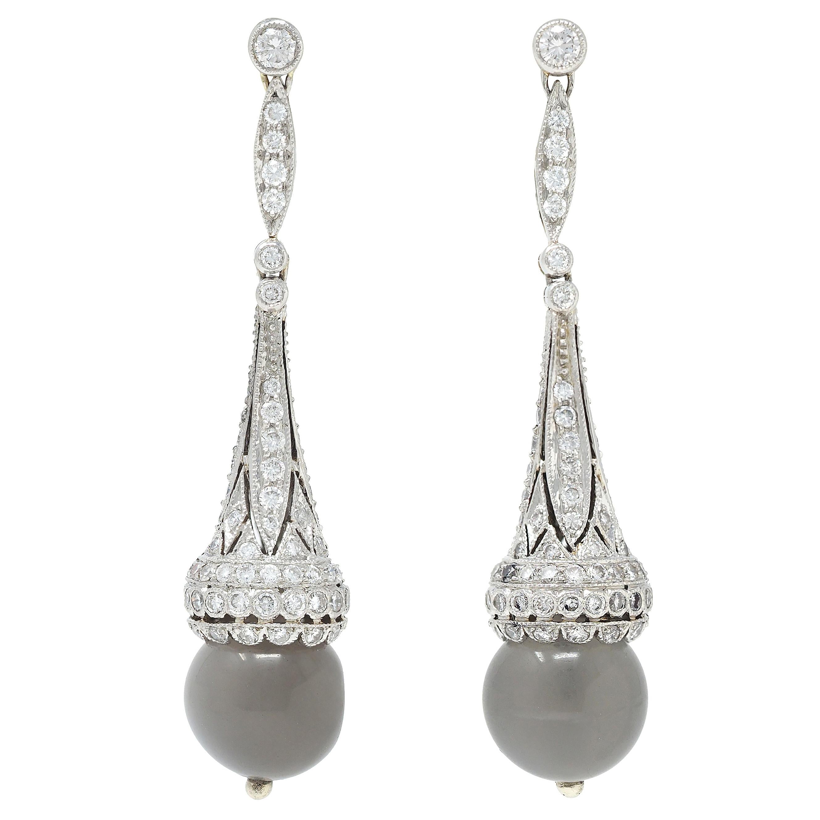 Contemporary Diamond Moonstone Platinum Drop Earrings
