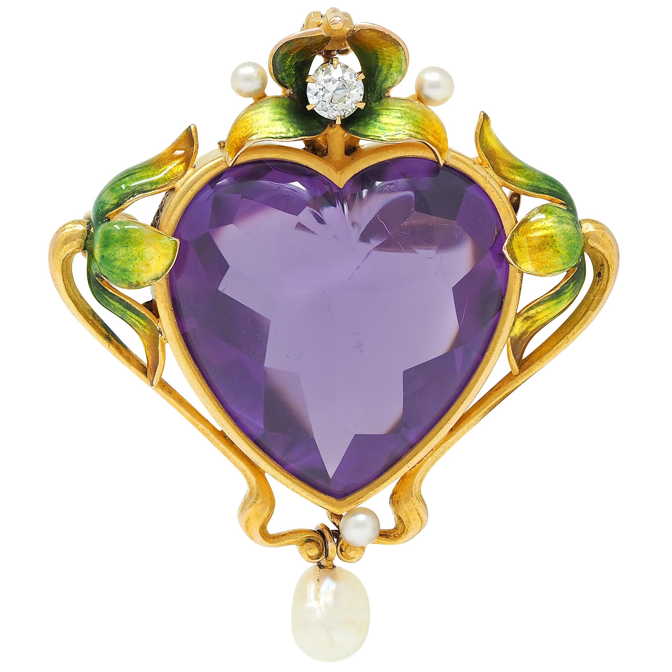 Art Nouveau Amethyst Pearl Enamel 18K Gold Antique Foliate Heart Pendant Brooch
