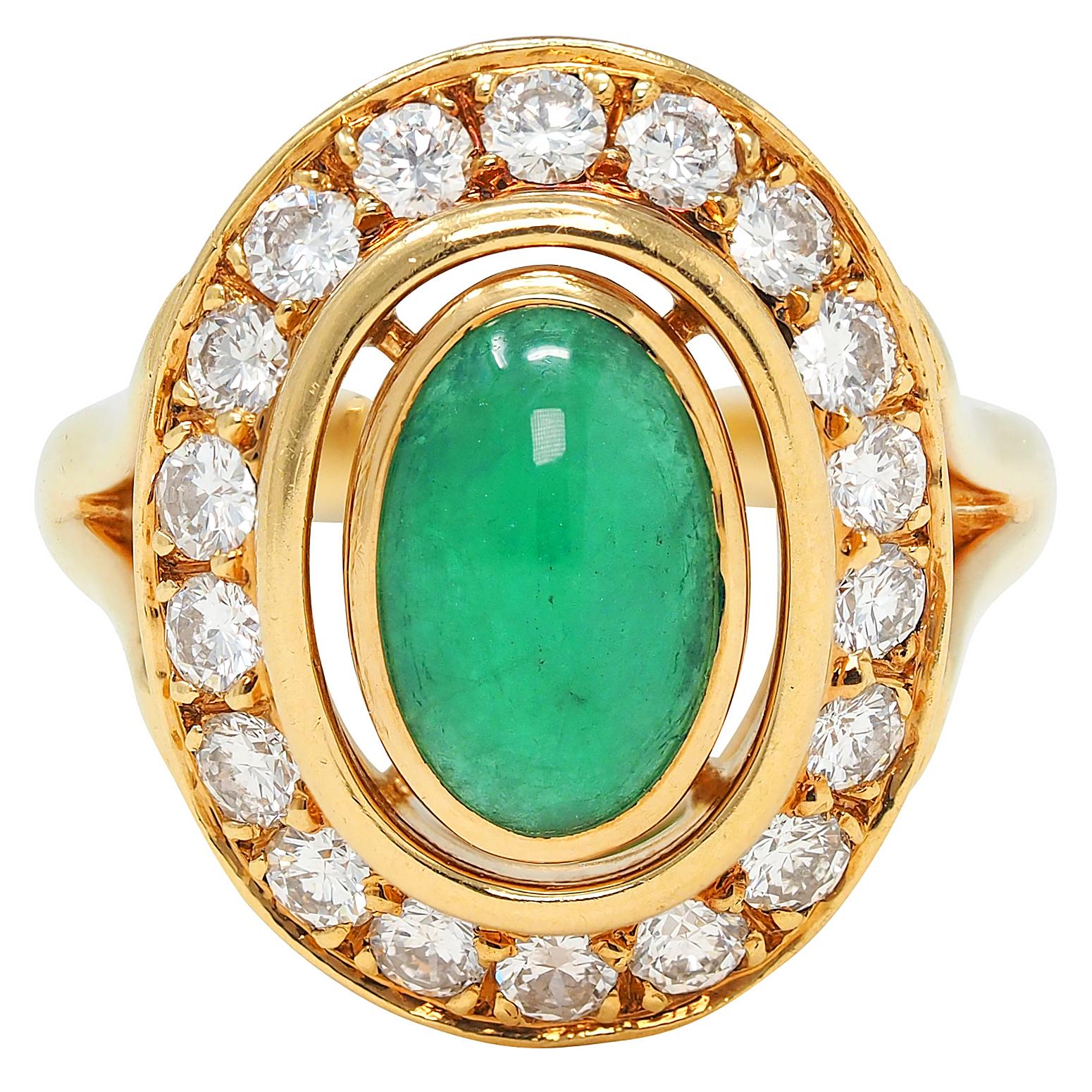Cartier Paris 1960's Modern Cabochon Emerald Diamond 18K Gold Vintage Halo Ring