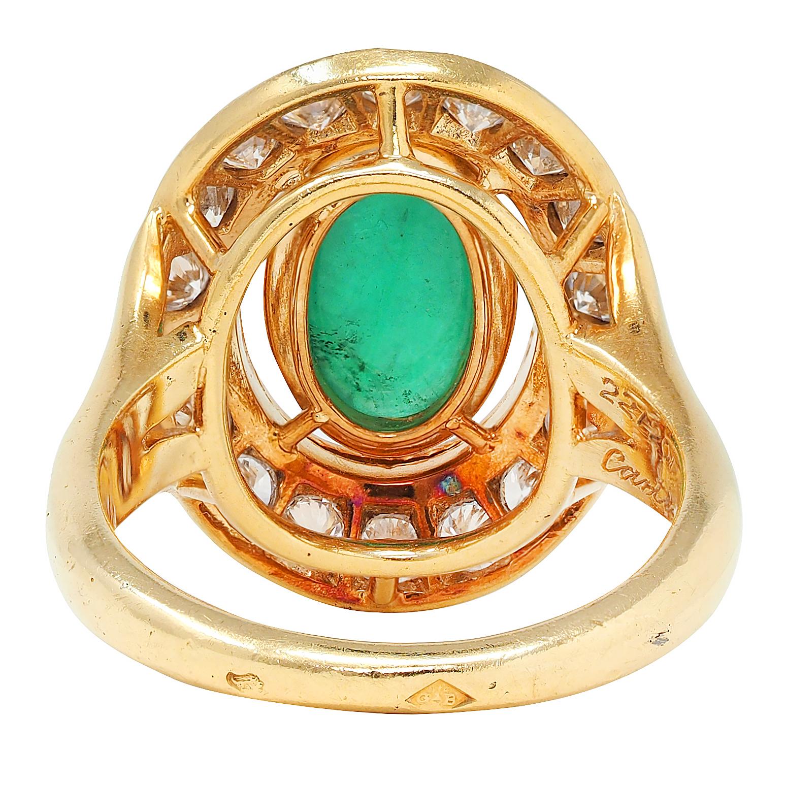 Cartier Paris 1960's Modern Cabochon Emerald Diamond 18K Gold Vintage Halo Ring