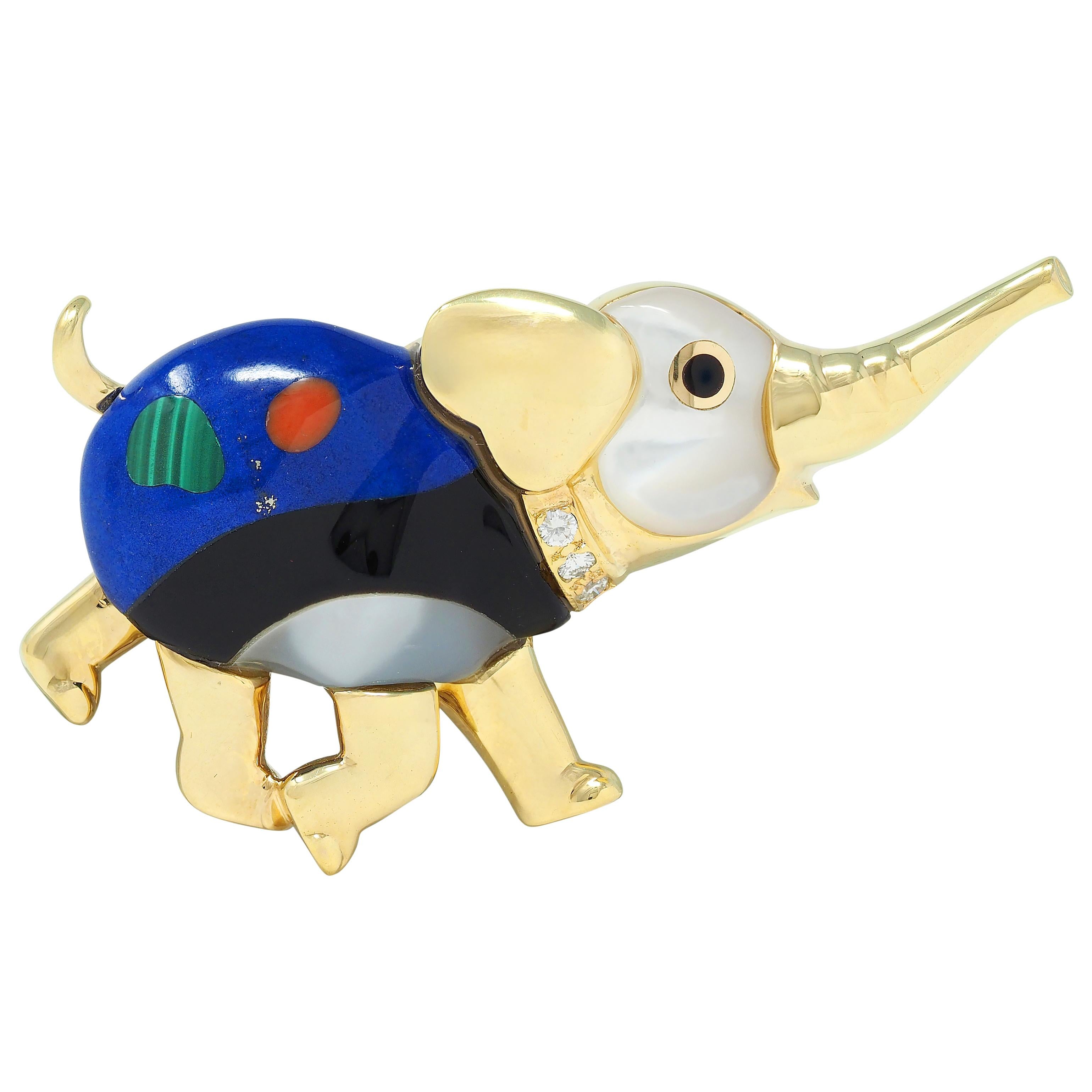 1980's Multi-Gem Diamond Diamond 14 Karat Gold Vintage Inlay Elephant Brooch