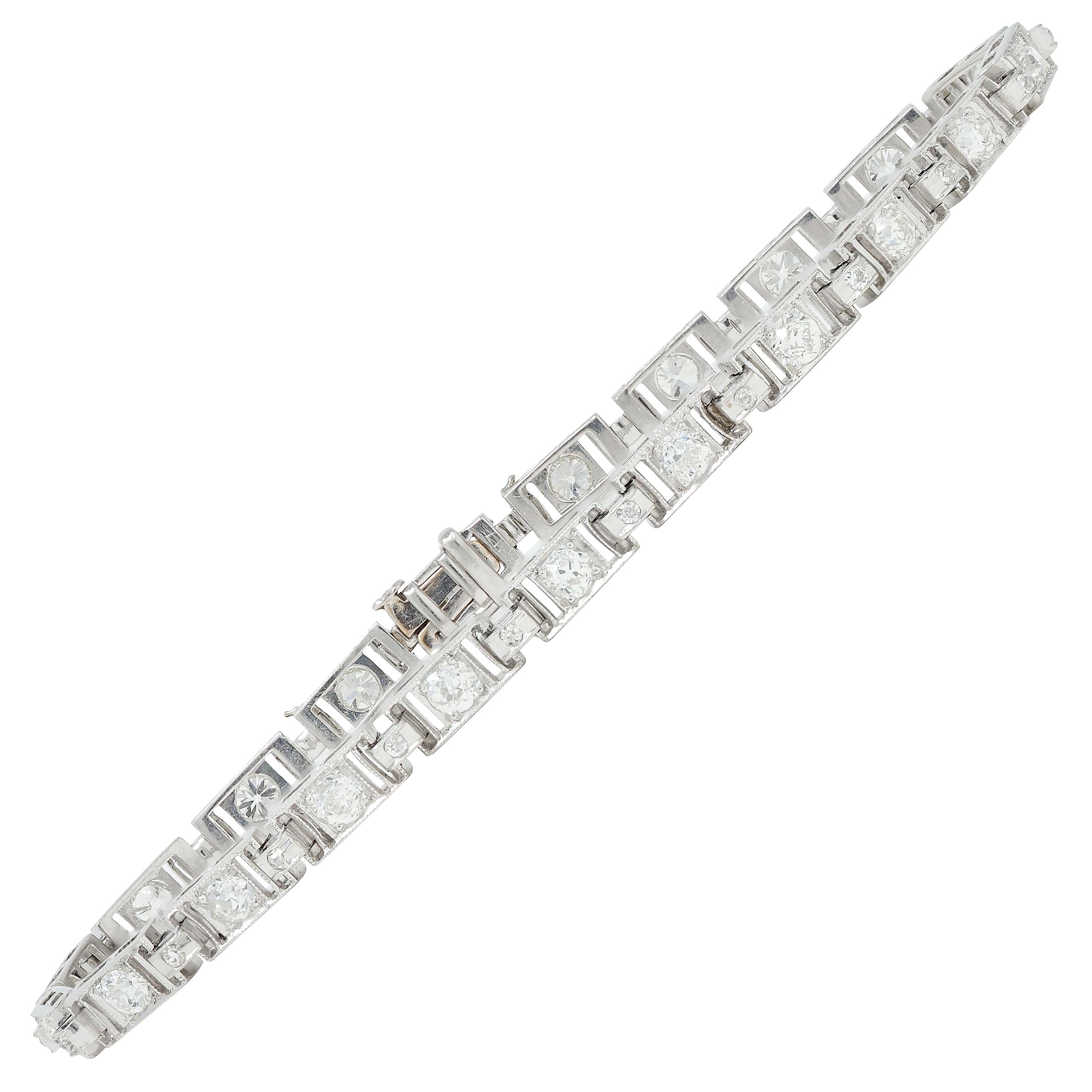 Art Deco 3.15 CTW Old European Cut Diamond Platinum Vintage Line Bracelet