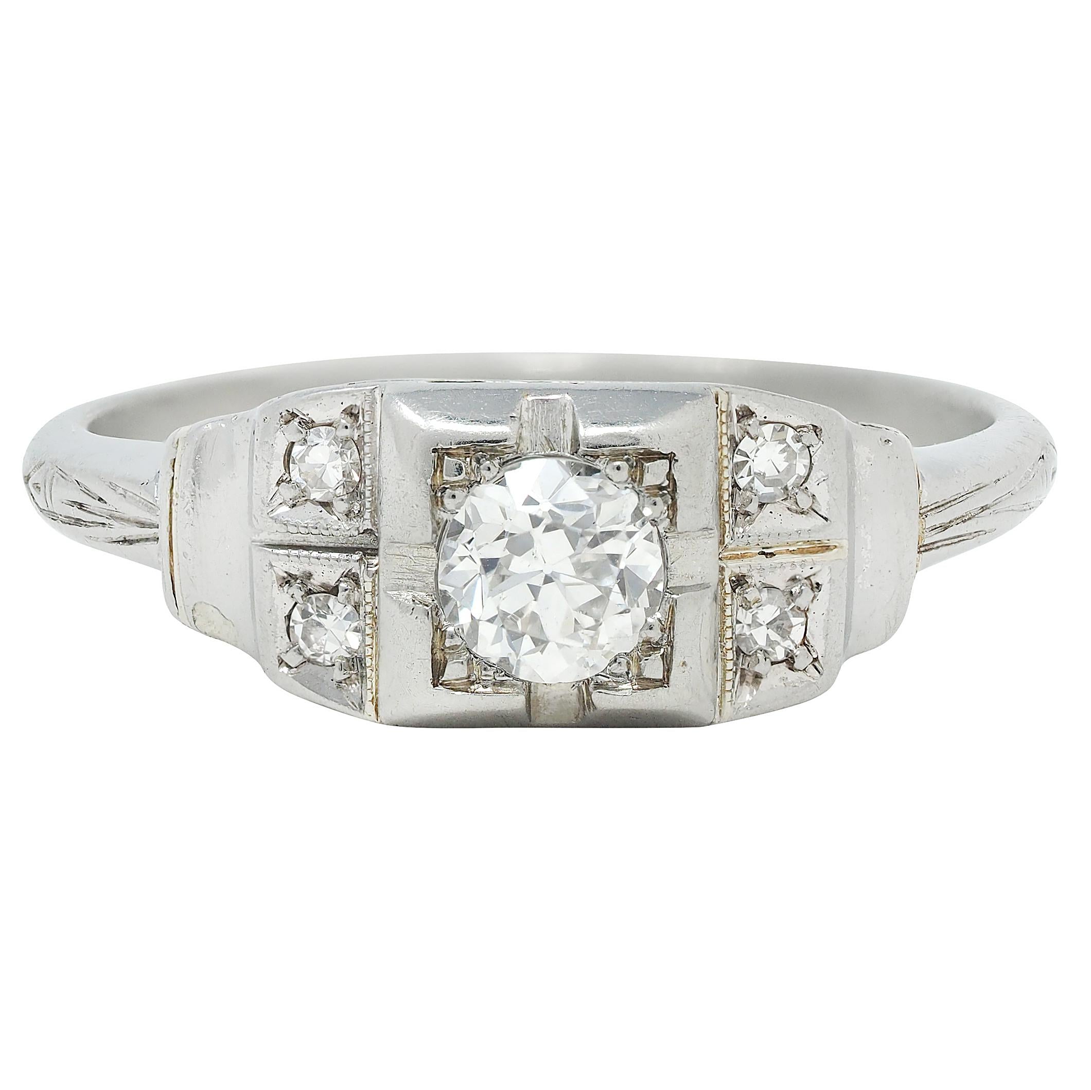Art Deco Old European Cut Diamond 18 Karat White Gold Vintage Engagement Ring