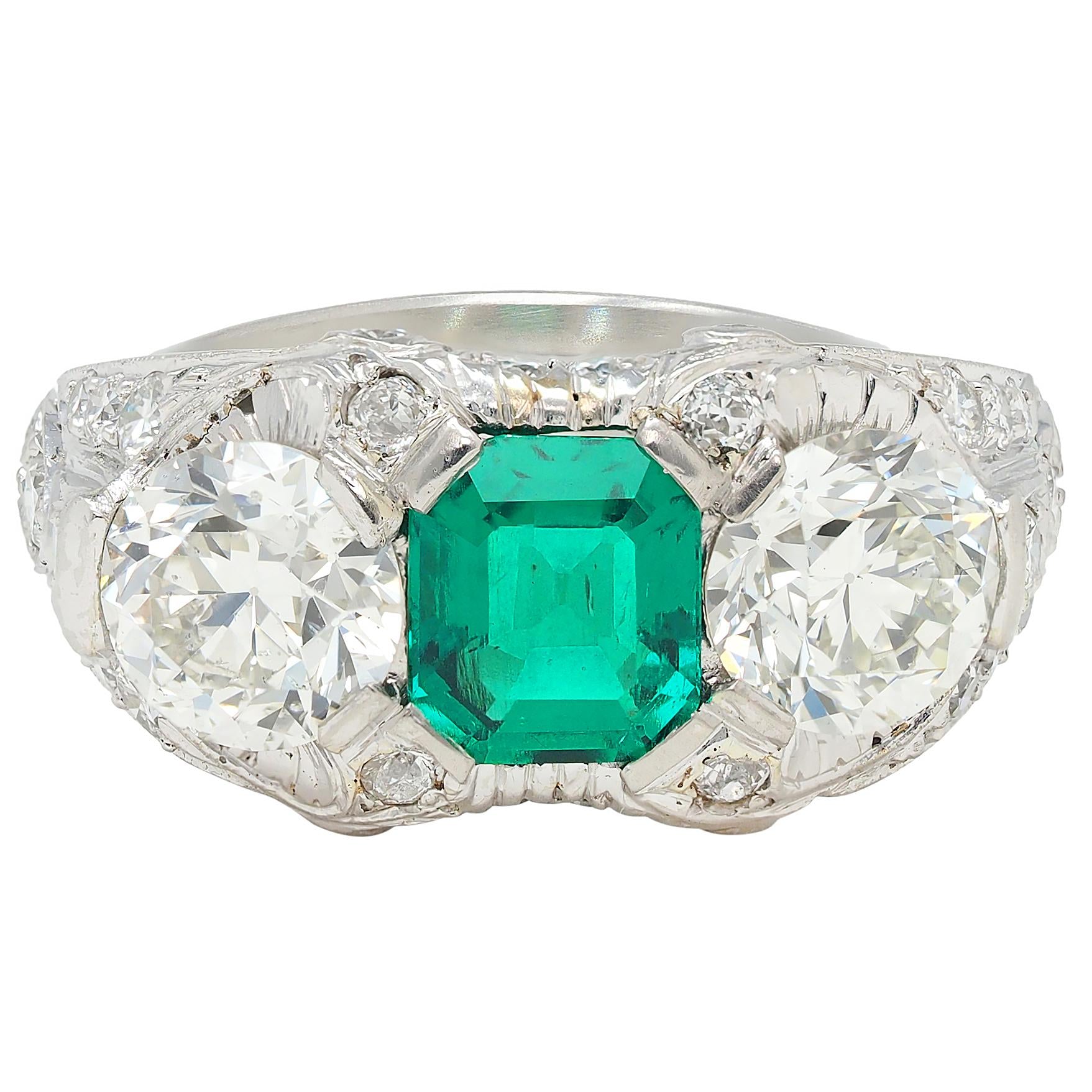 Art Deco 5.65 CTW Colombian Emerald Diamond Platinum Vintage Ring AGL